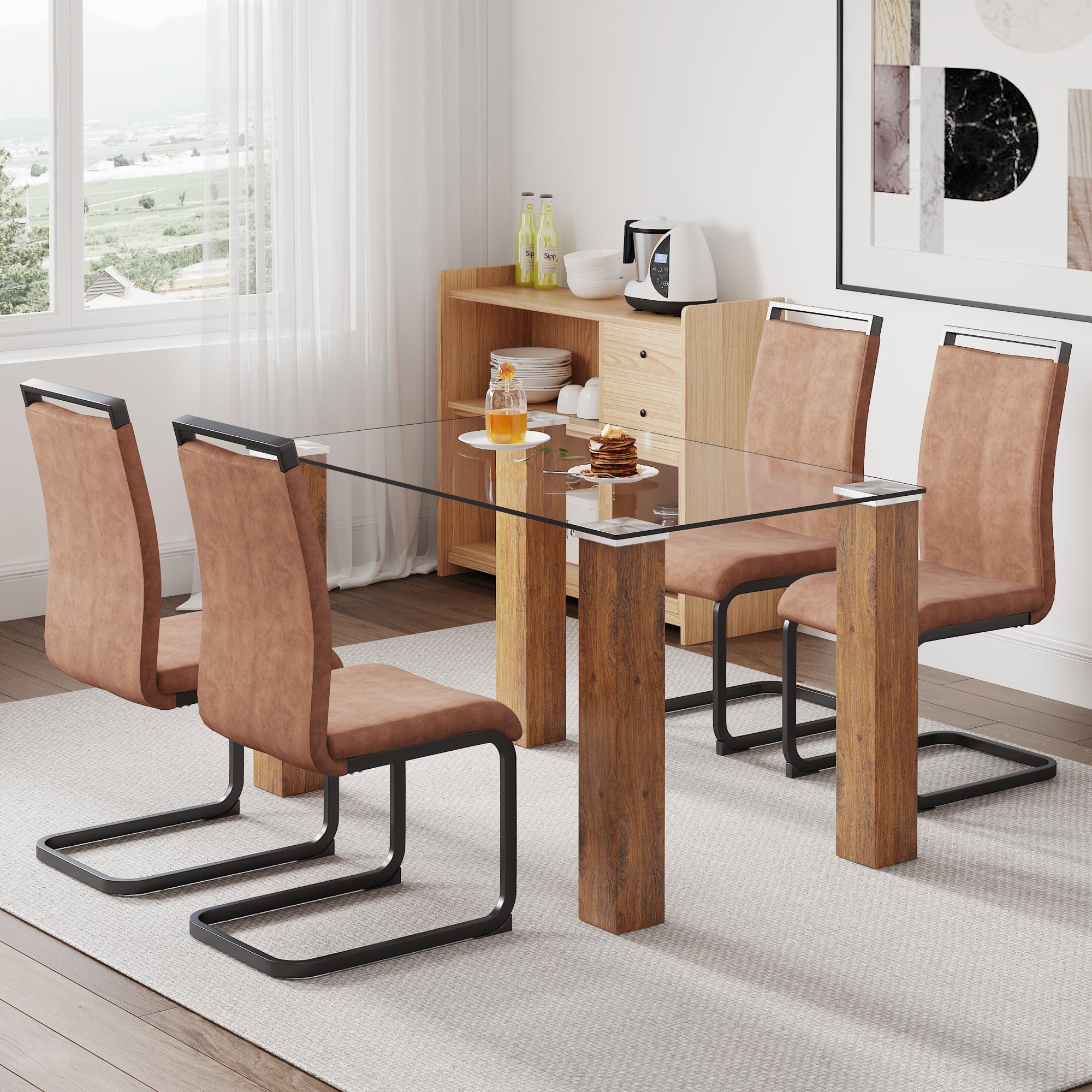 Modern Minimalist Tempered Glass Dining Table with Wooden MDF Legs- Wood_4