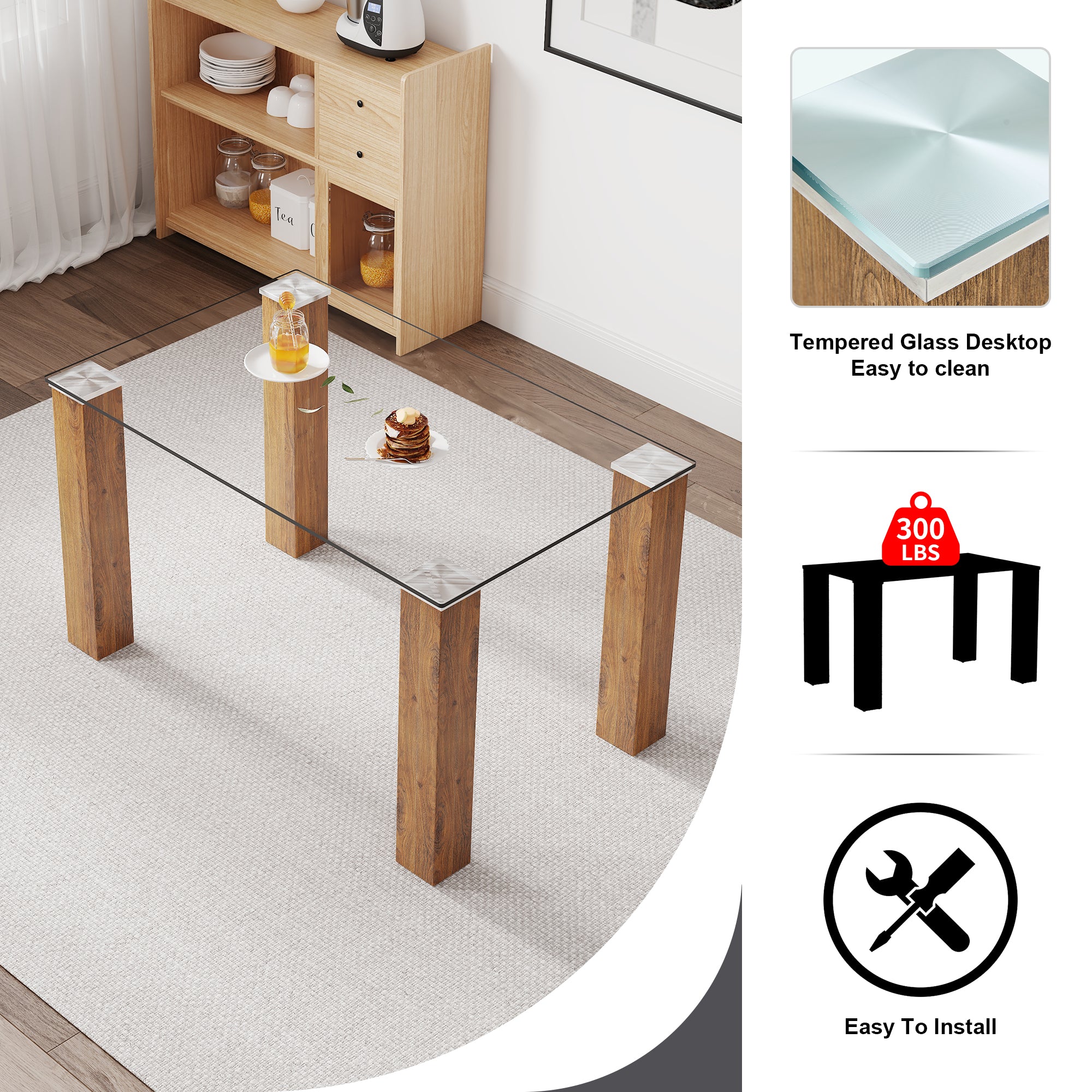 Modern Minimalist Tempered Glass Dining Table with Wooden MDF Legs- Wood_7