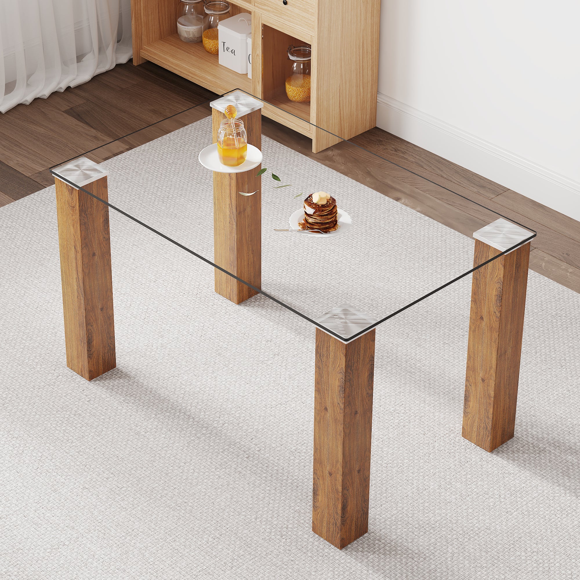 Modern Minimalist Tempered Glass Dining Table with Wooden MDF Legs- Wood_1