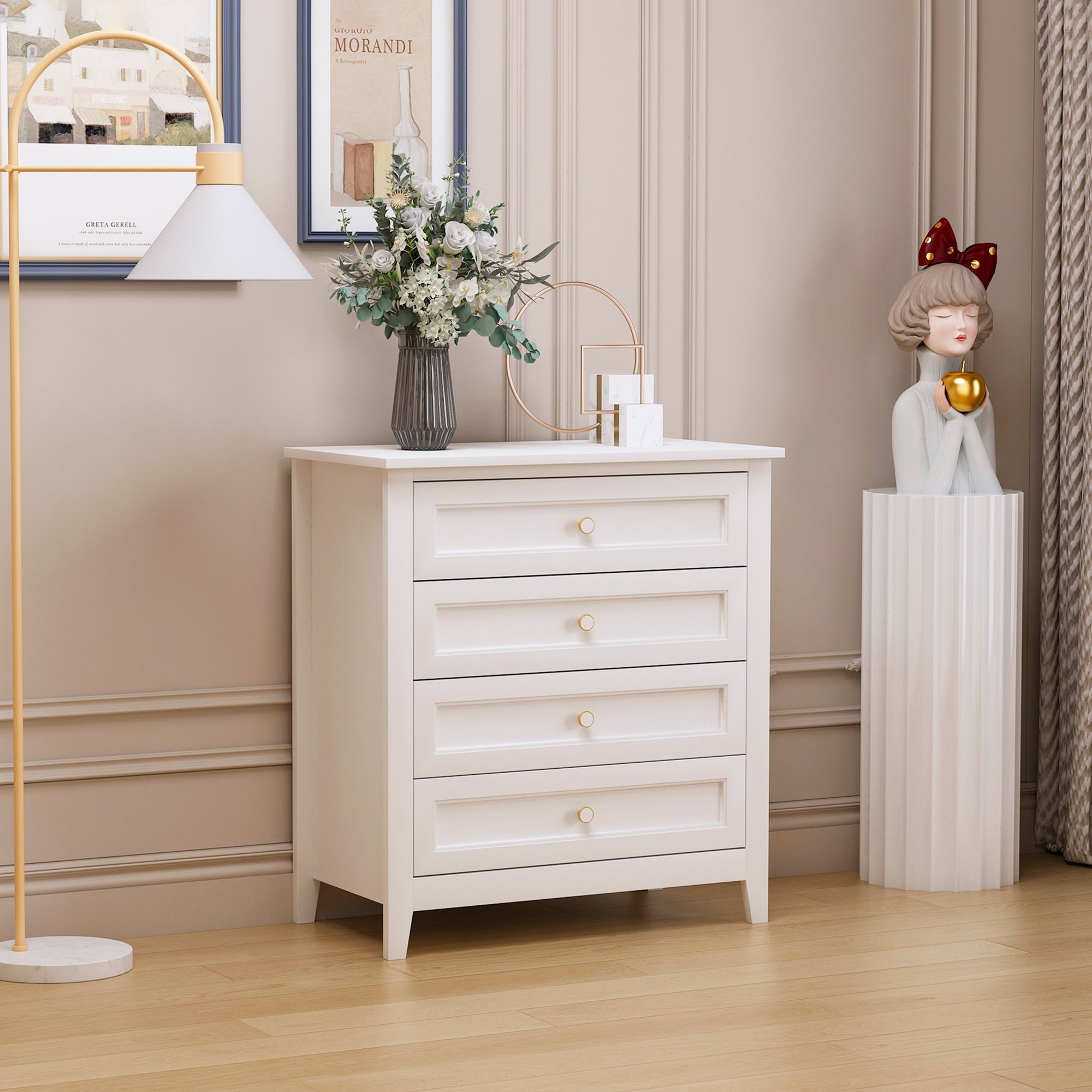 4 Drawers Wooden Stylish Side Board Dresser and Storage Organizer- White_1