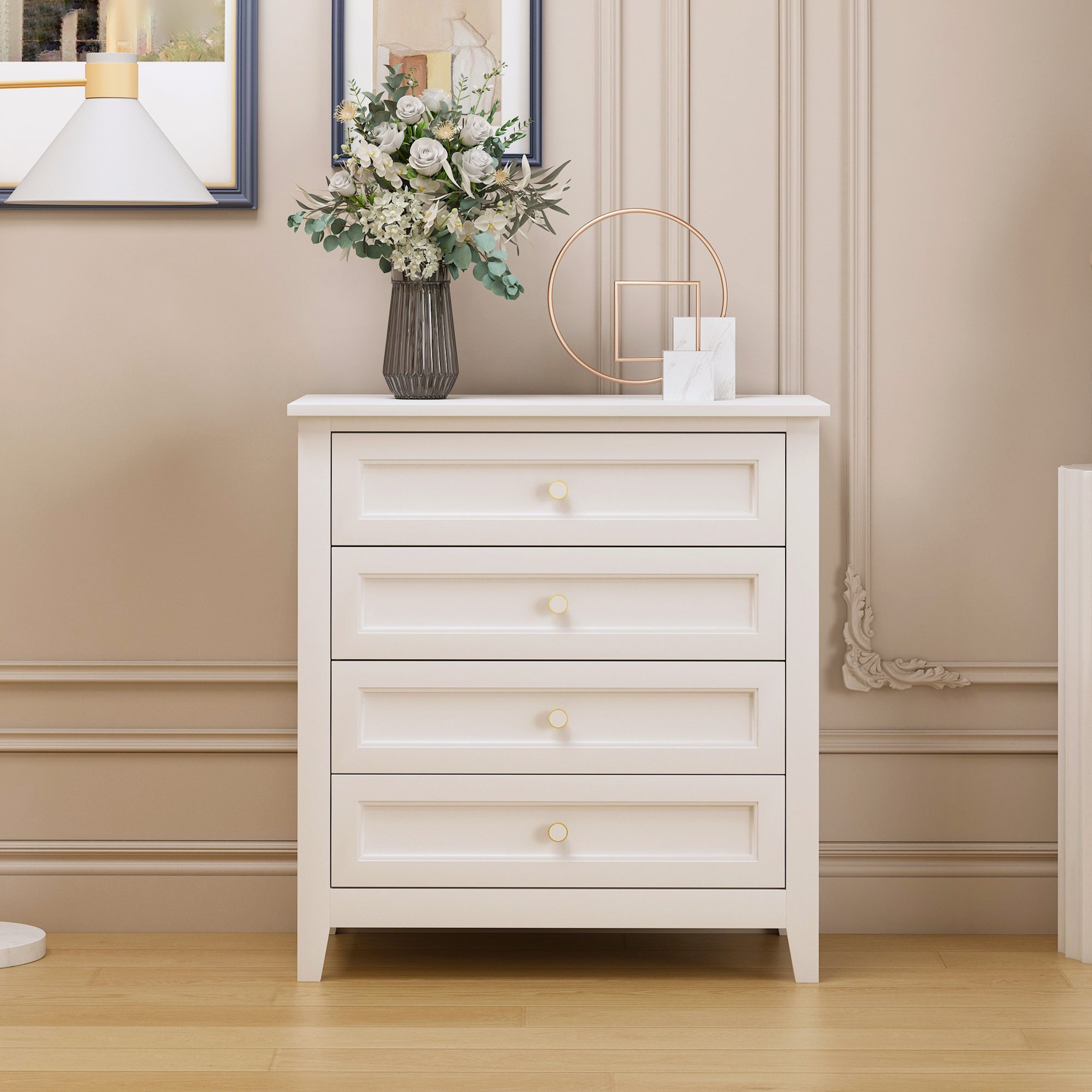 4 Drawers Wooden Stylish Side Board Dresser and Storage Organizer- White_0