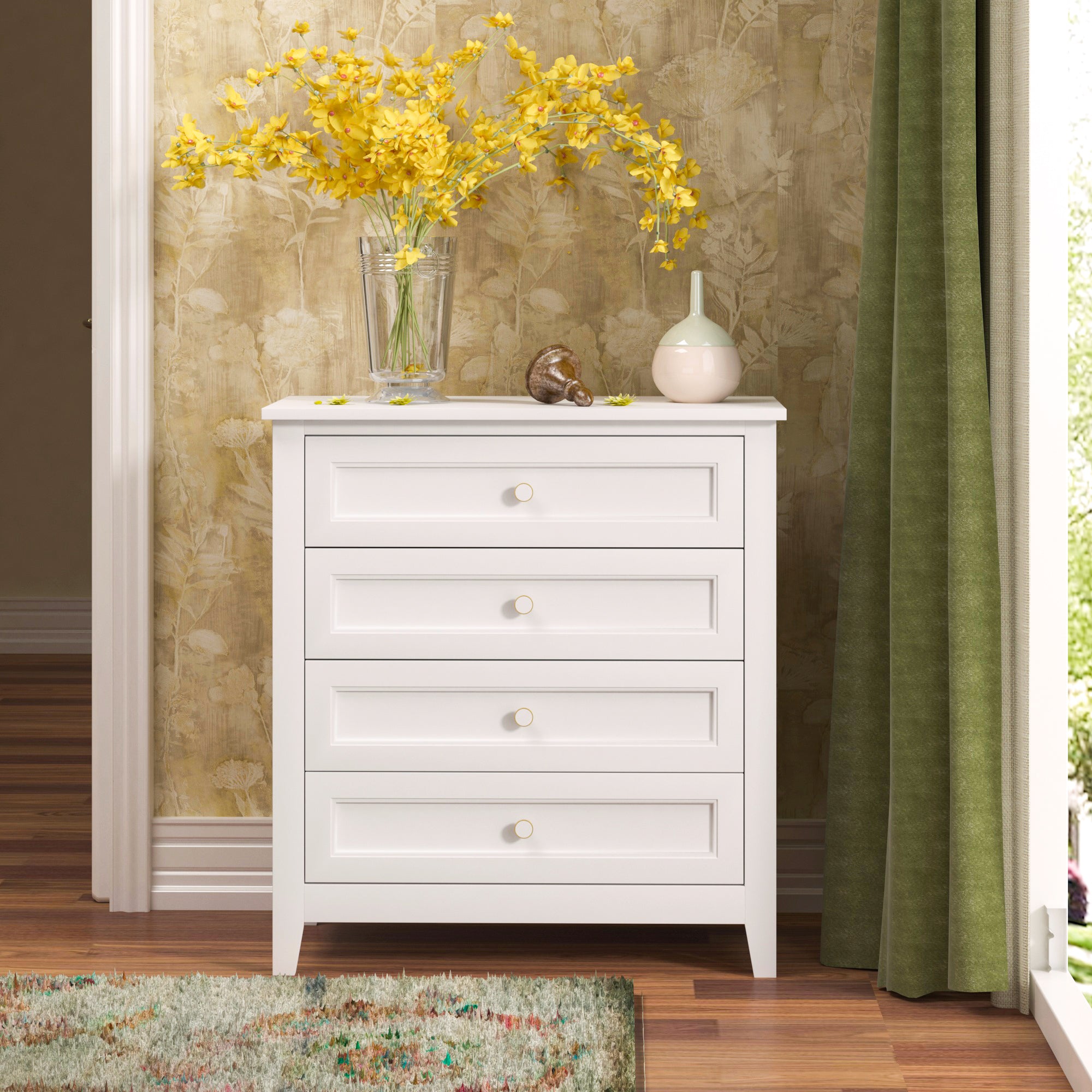4 Drawers Wooden Stylish Side Board Dresser and Storage Organizer- White_2