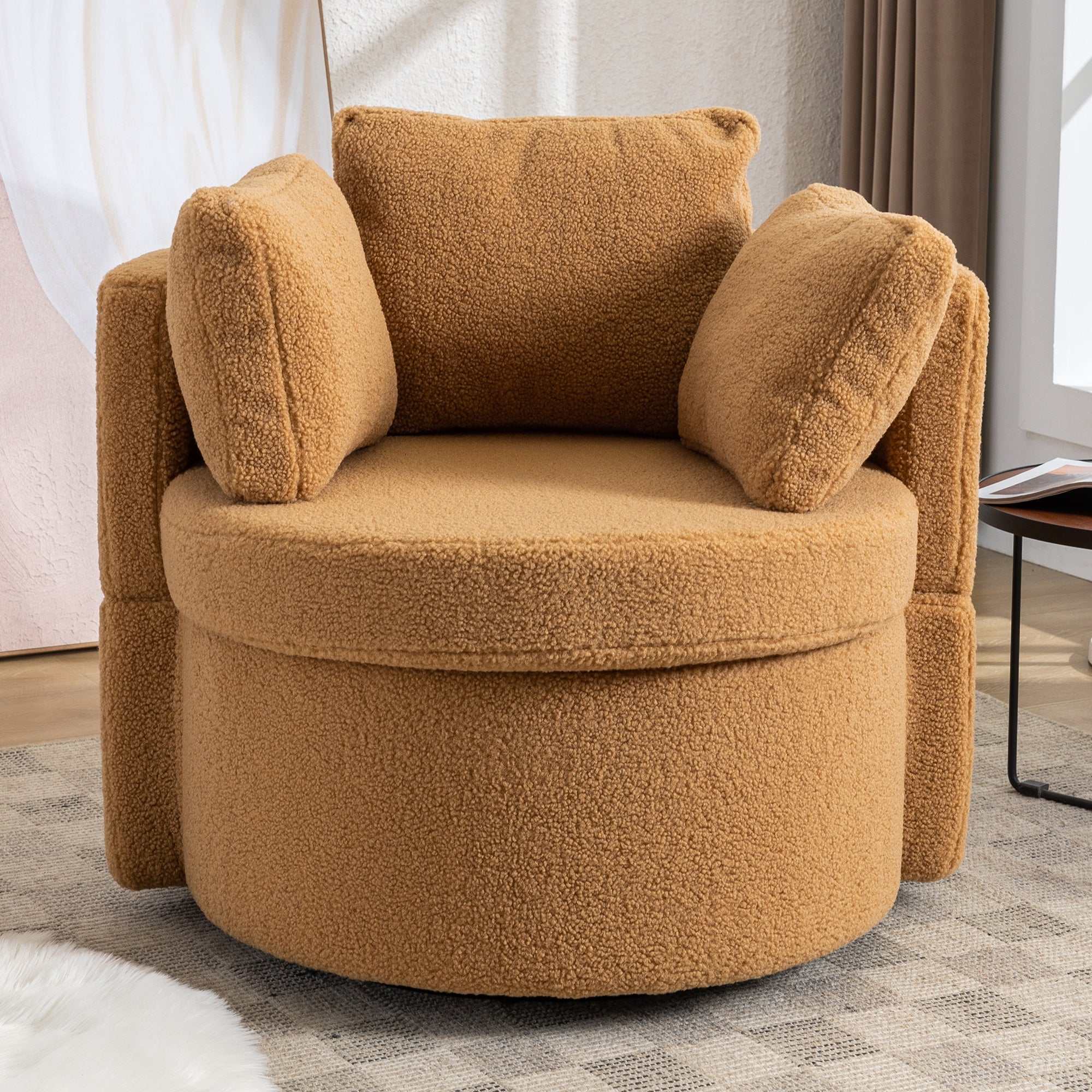 Modern Teddy Fabric Swivel and Storage Lounge Chair with Pillow Set- Brown_1