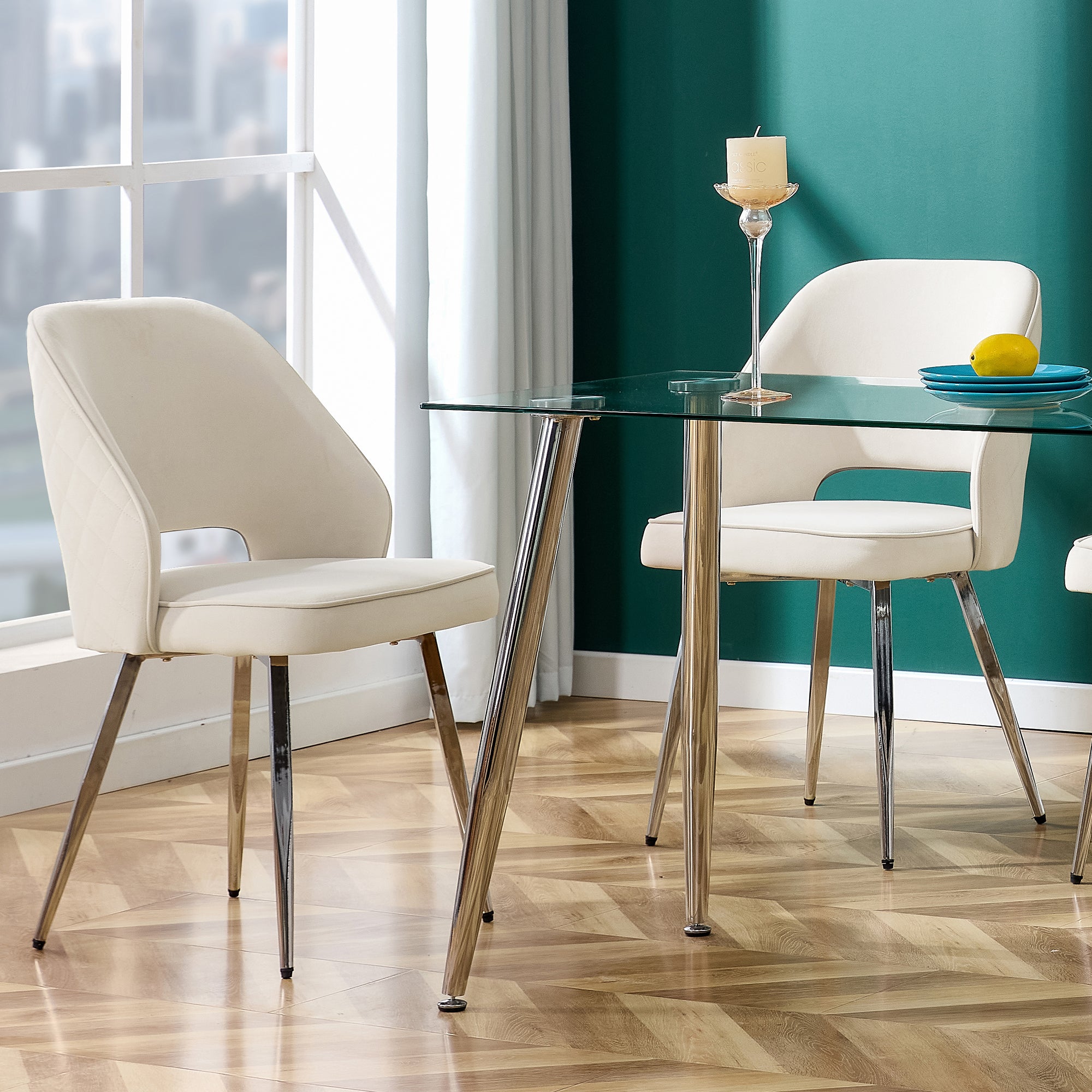 Set of 4 Modern Designed Accent Chair Upholstered Velvet Side Chair with Metal Legs- Light Beige_2