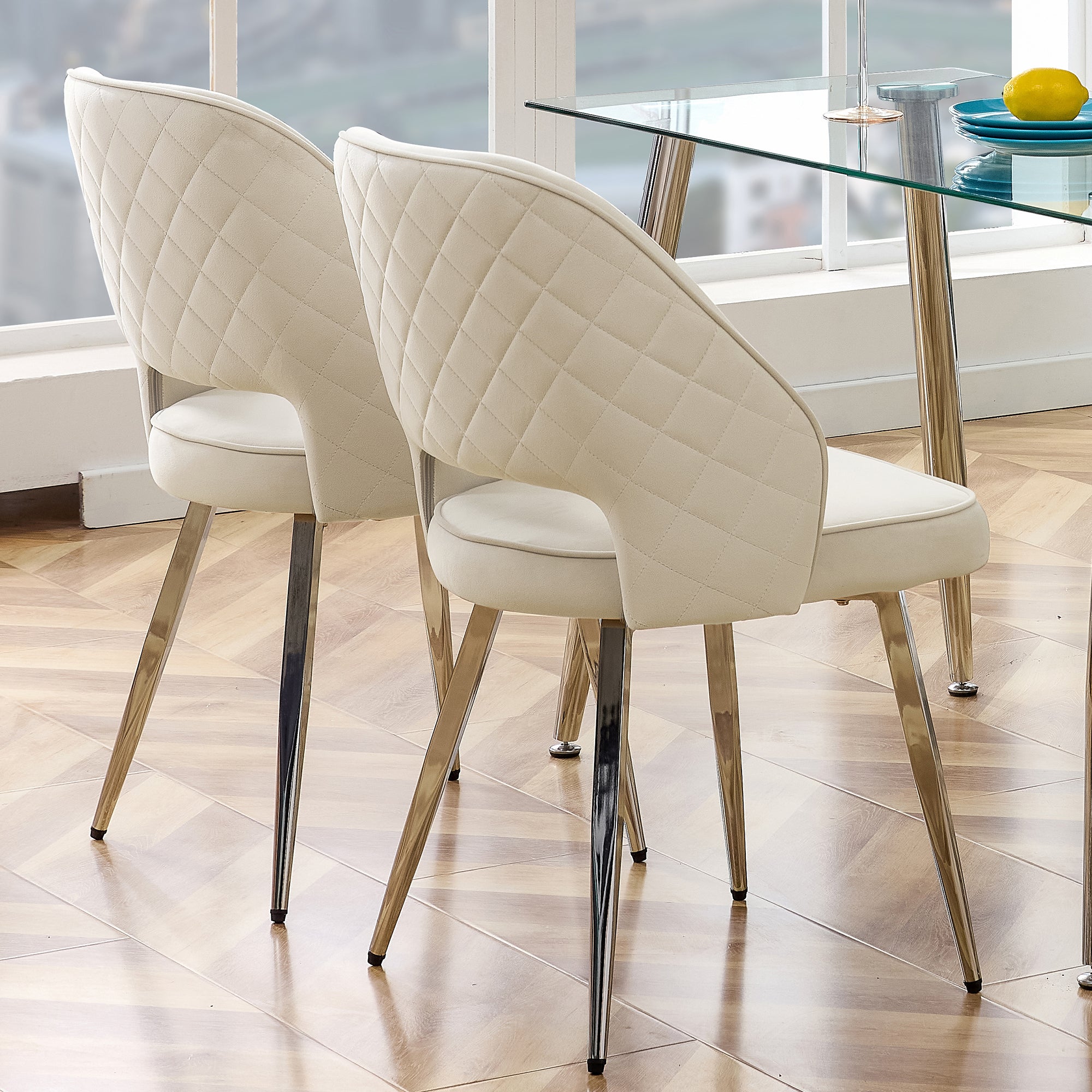 Set of 4 Modern Designed Accent Chair Upholstered Velvet Side Chair with Metal Legs- Light Beige_3