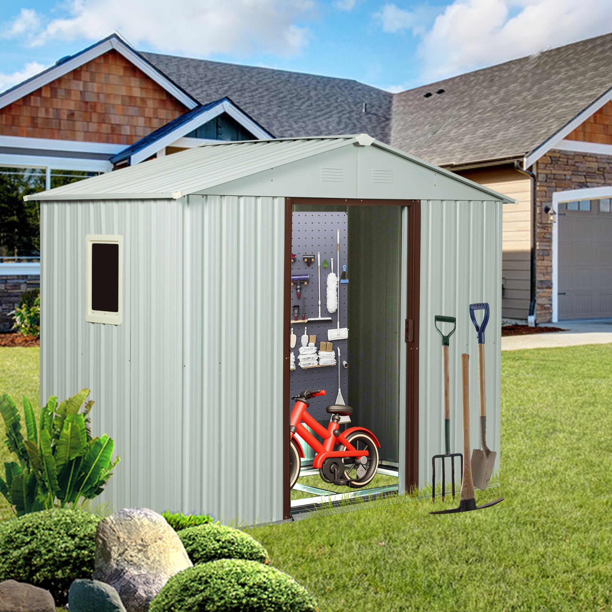 8ft x 4ft Outdoor Metal Storage Shed with Metal Floor Base and Window- White_0