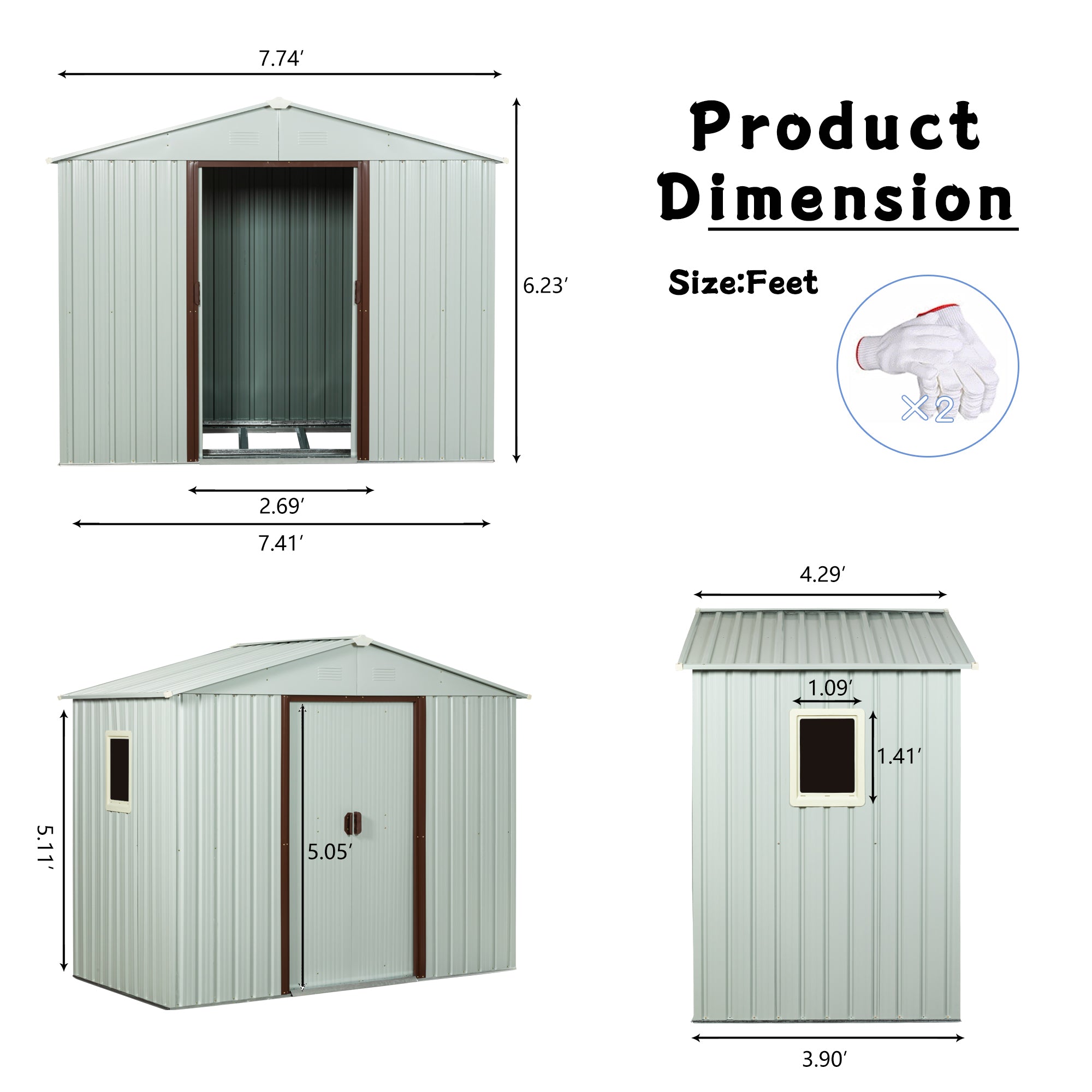 8ft x 4ft Outdoor Metal Storage Shed with Metal Floor Base and Window- White_6