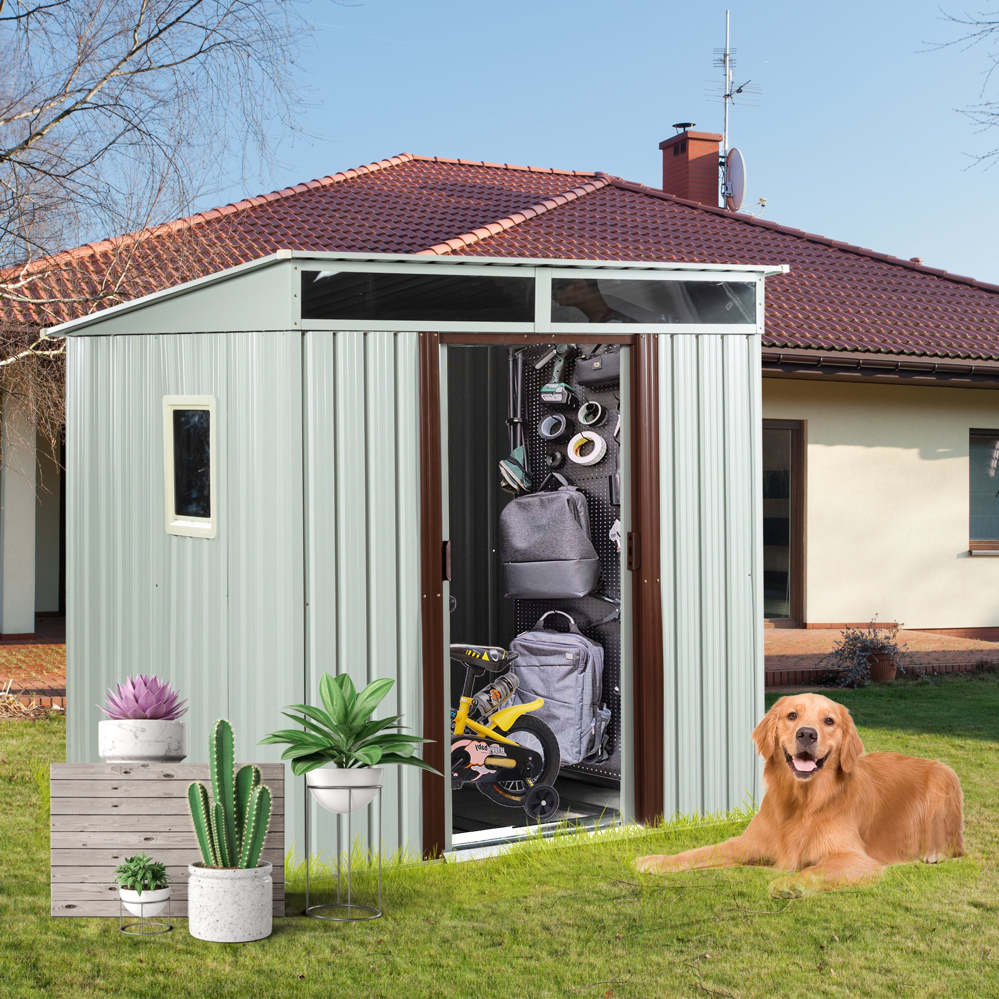 6ft x 5ft Outdoor Flat Roof Metal Storage Shed with Window- White_0