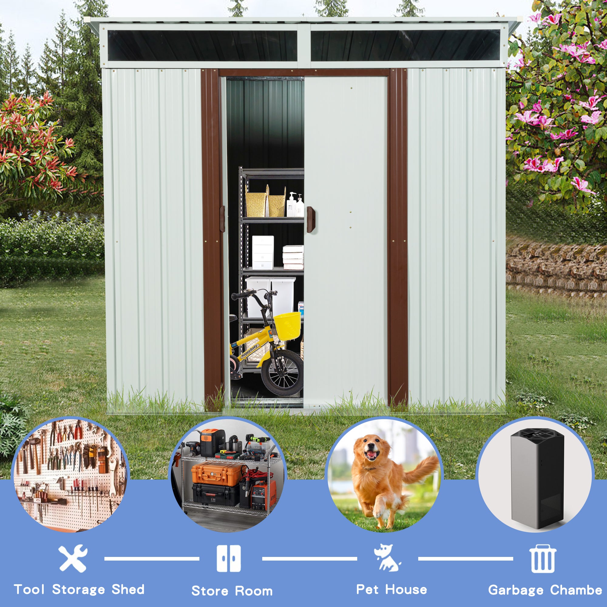6ft x 5ft Outdoor Flat Roof Metal Storage Shed with Window- White_6