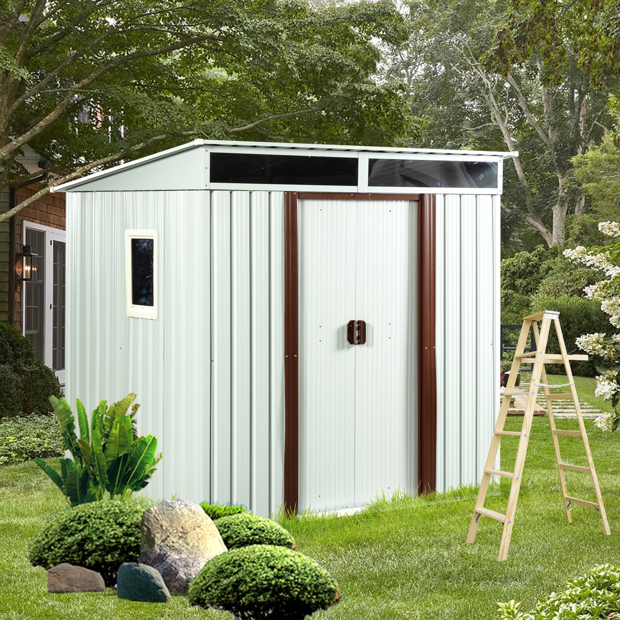 6ft x 5ft Outdoor Flat Roof Metal Storage Shed with Window- White_2