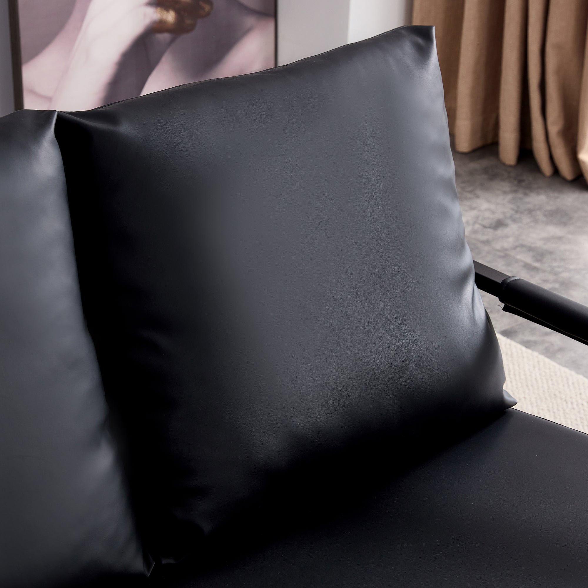 Modern Upholstered PU Leather Sofa Set with Black Metal Frame- 2 Seater+ Double Sofa, Black_11