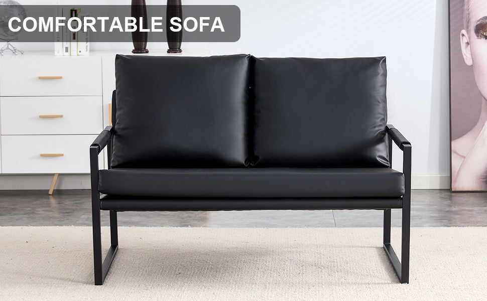Modern Upholstered PU Leather Sofa Set with Black Metal Frame- 2 Seater+ Double Sofa, Black_18