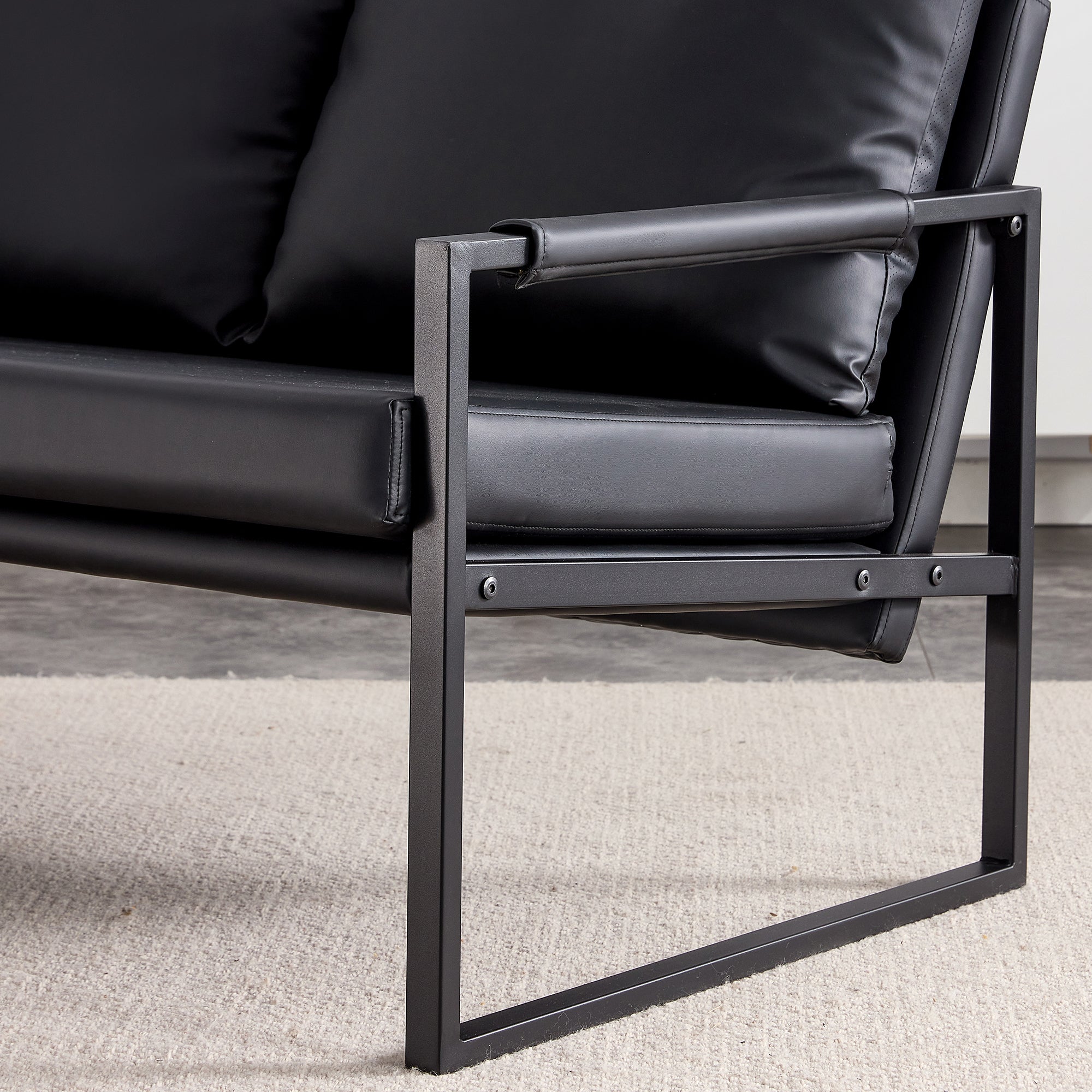 Modern Upholstered PU Leather Sofa Set with Black Metal Frame- 2 Seater+ Double Sofa, Black_7