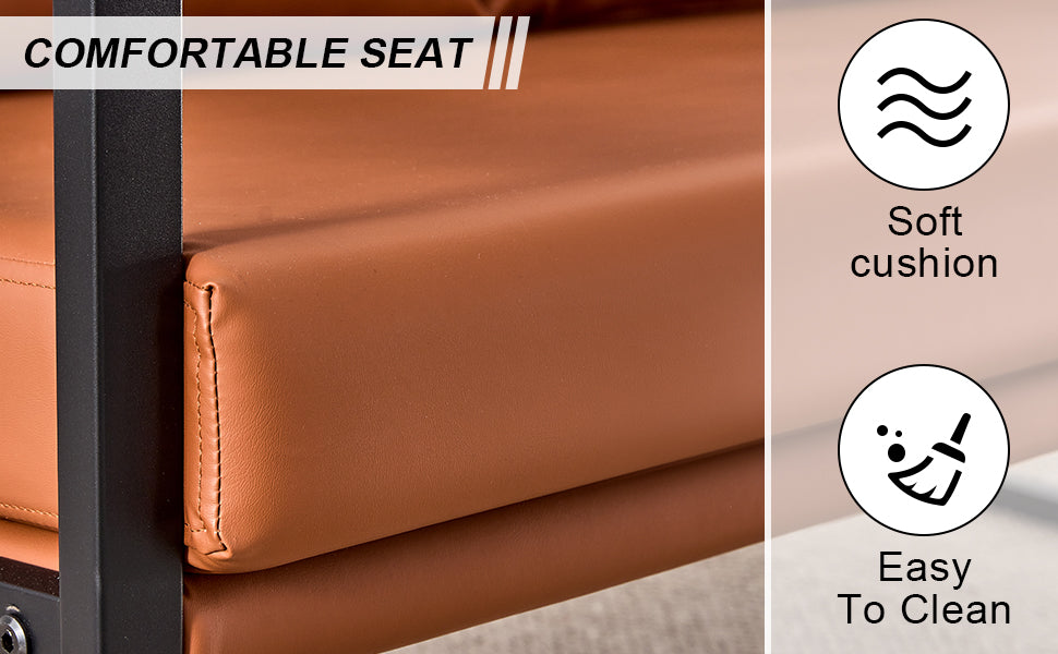 Modern Upholstered PU Leather Sofa Set with Black Metal Frame- 2 Seater+ Double Sofa, Brown_19