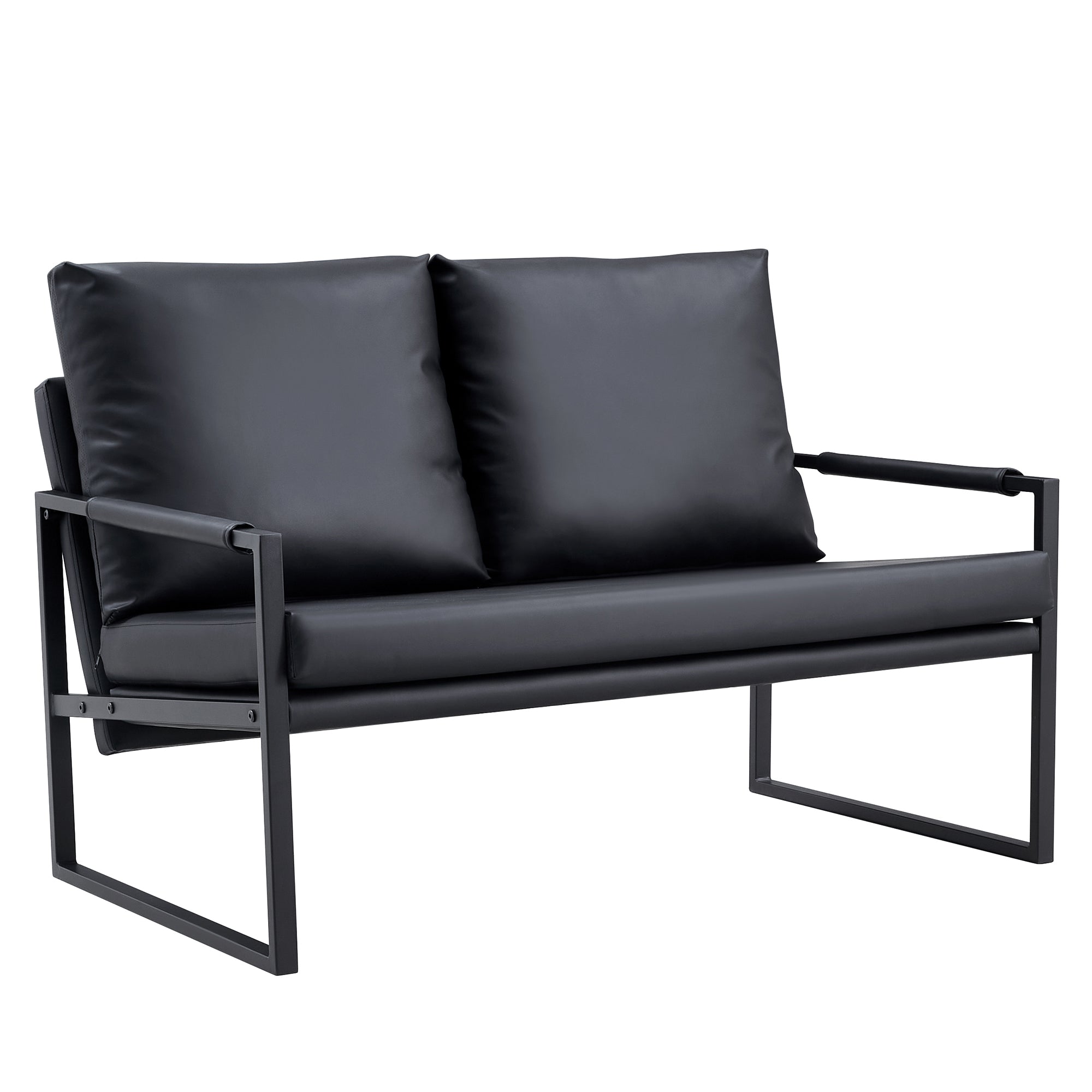 Modern Upholstered PU Leather Sofa Set with Black Metal Frame- 2 Seater+ Double Sofa, Black_16