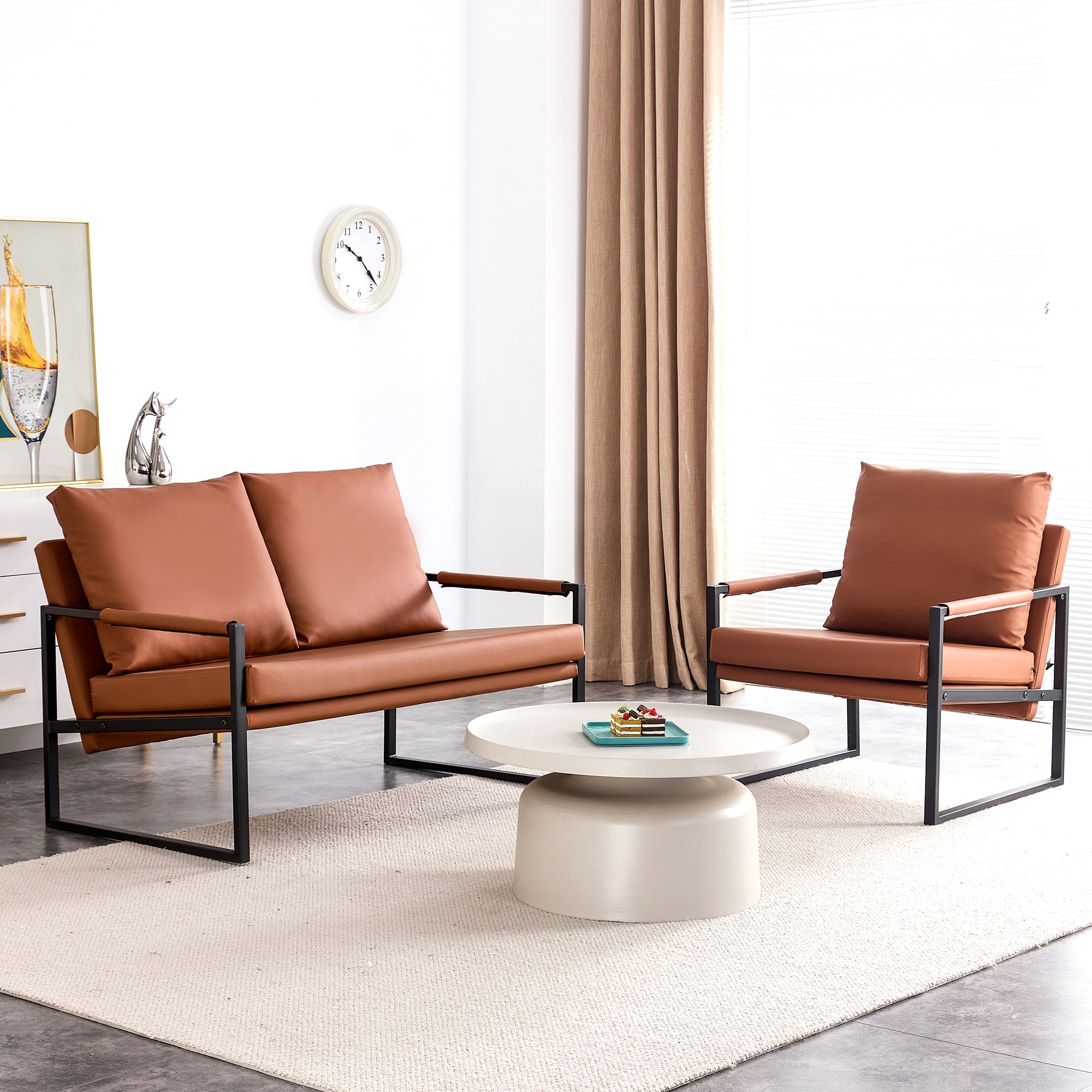 Modern Upholstered PU Leather Sofa Set with Black Metal Frame- 2 Seater+ Double Sofa, Brown_3