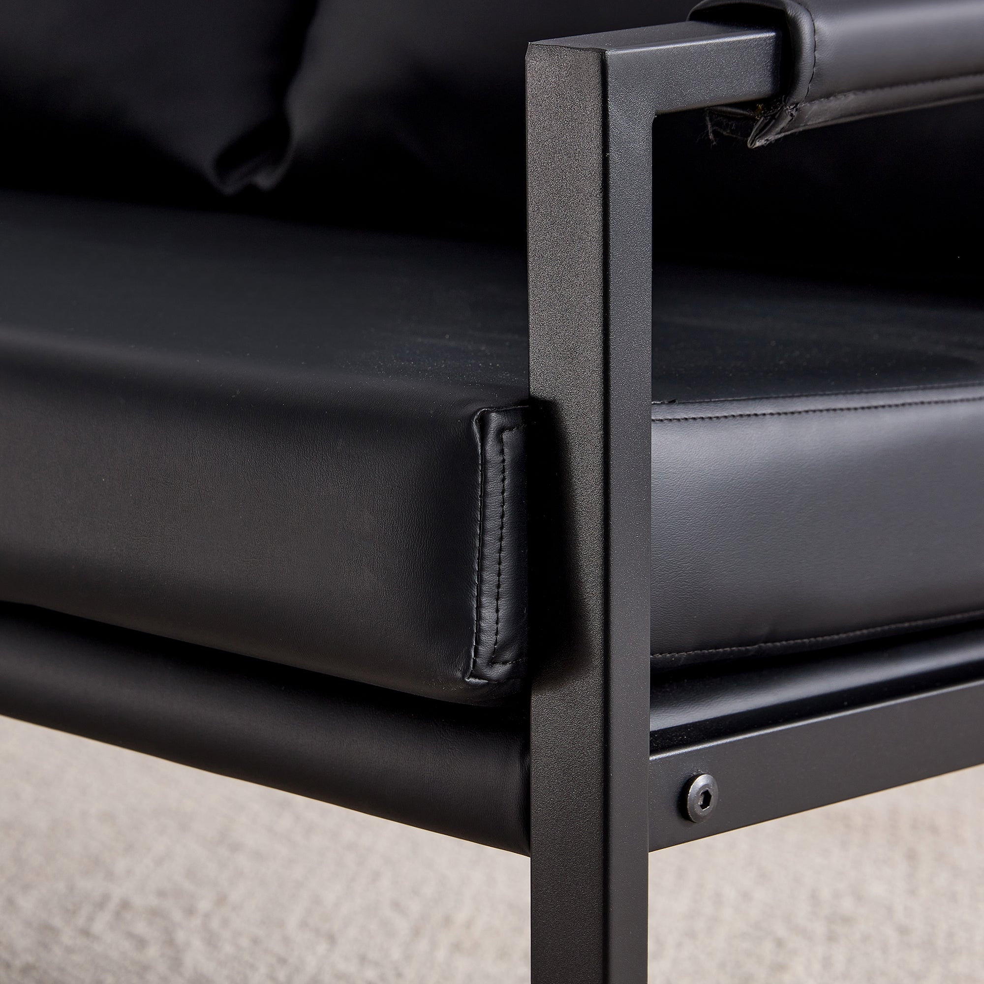 Modern Upholstered PU Leather Sofa Set with Black Metal Frame- 2 Seater+ Double Sofa, Black_9