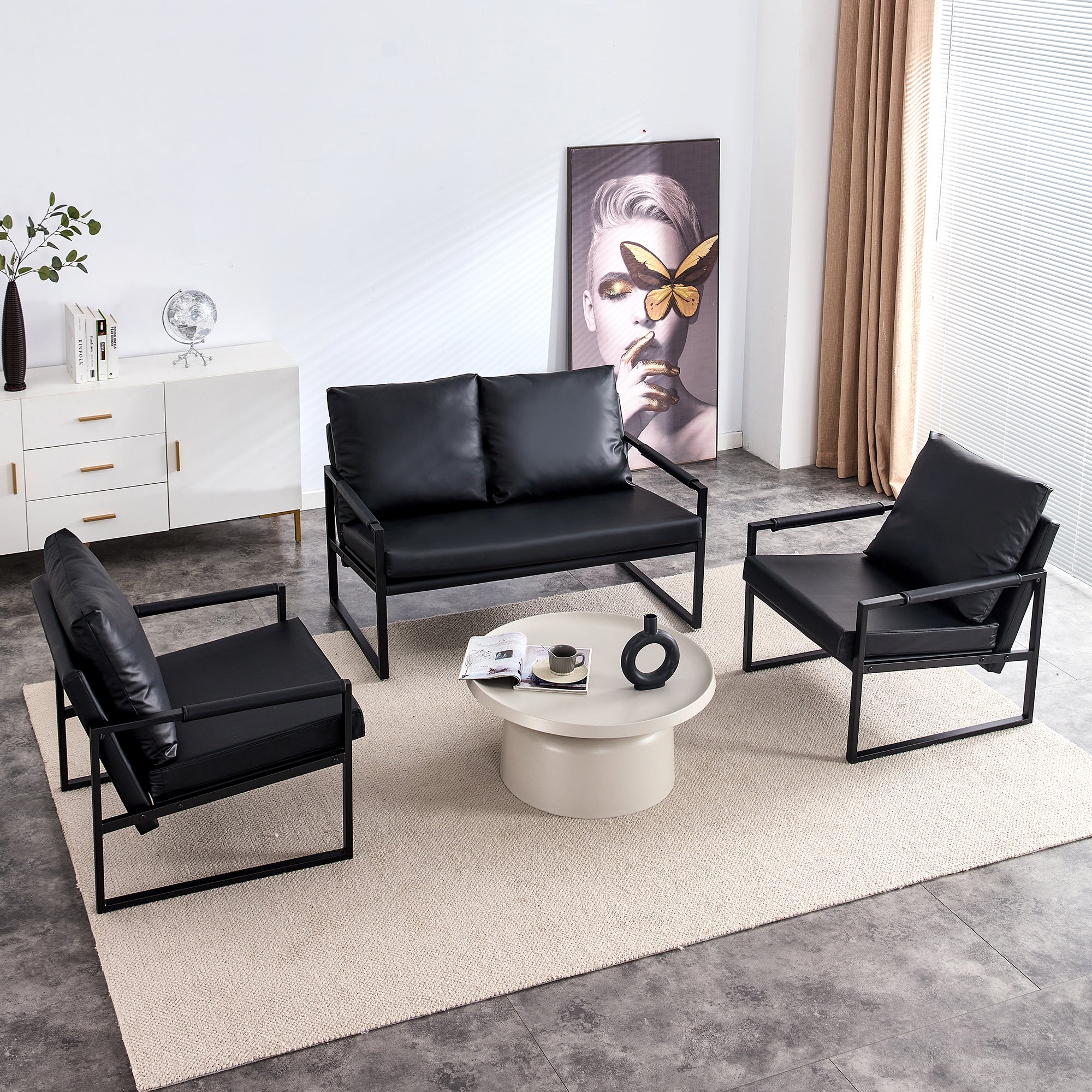 Modern Upholstered PU Leather Sofa Set with Black Metal Frame- 2 Seater+ Double Sofa, Black_1