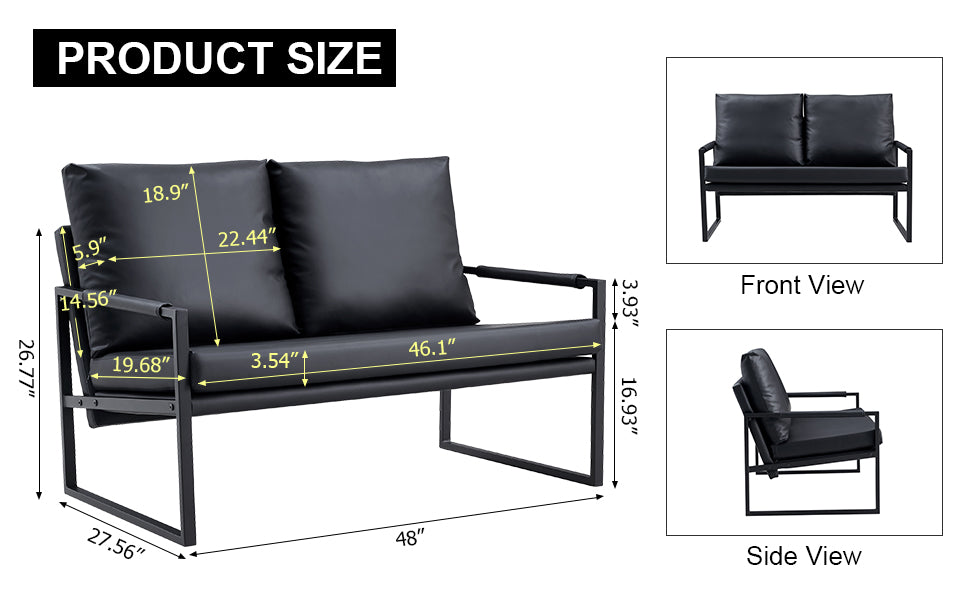 Modern Upholstered PU Leather Sofa Set with Black Metal Frame- 2 Seater+ Double Sofa, Black_19