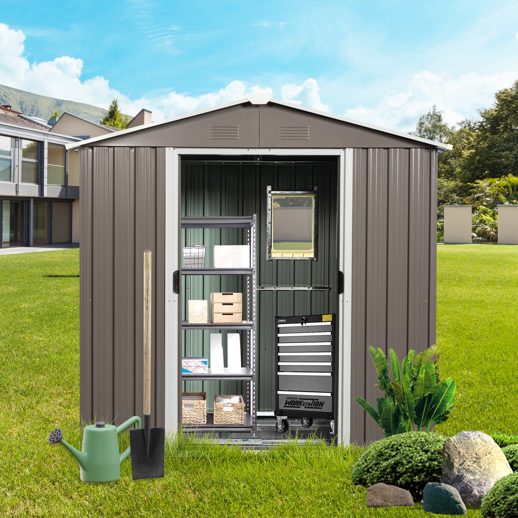 8ft x 4ft  Outdoor Metal Storage Shed with Aluminum Frame and Window- Gray_1