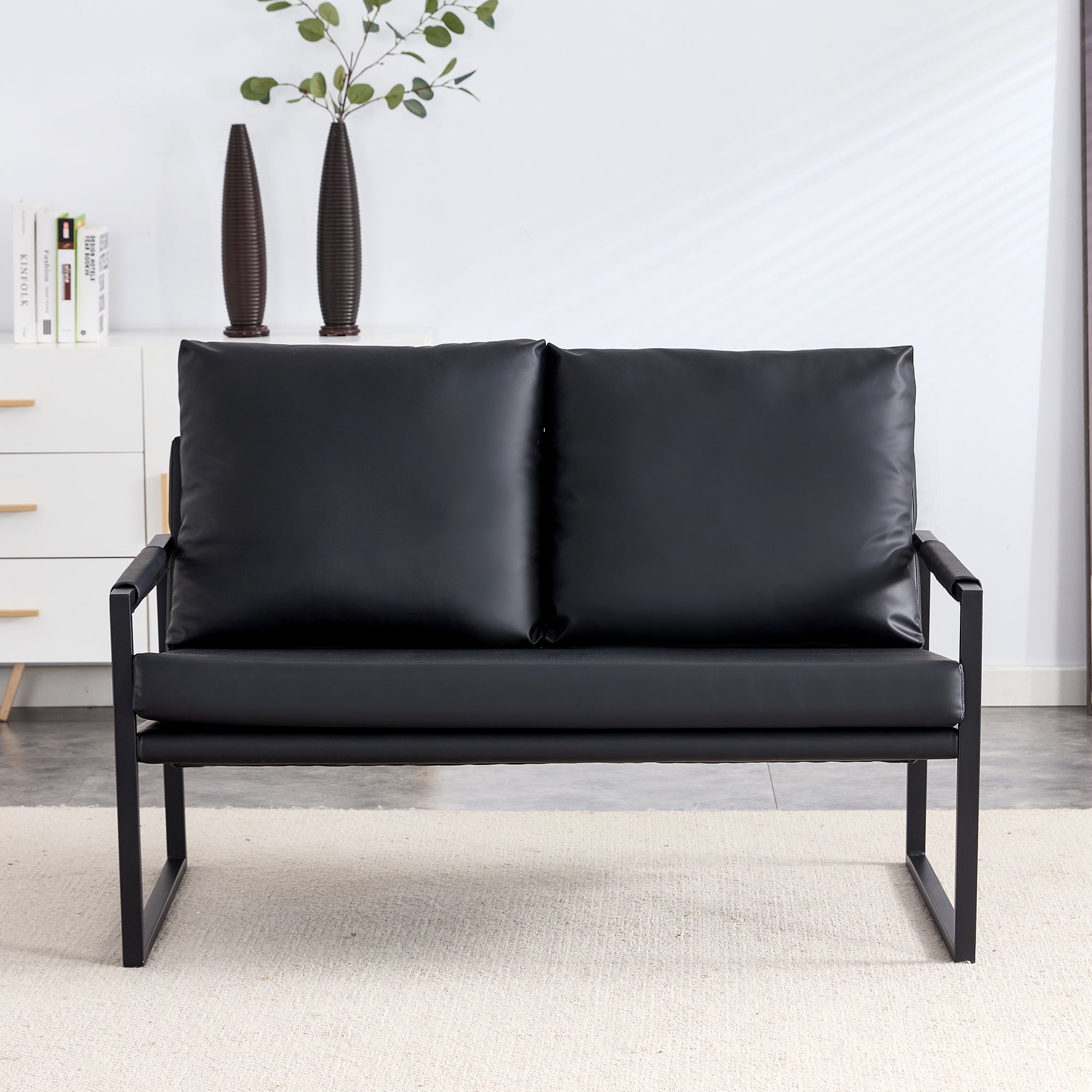 Modern Upholstered PU Leather Sofa Set with Black Metal Frame- 2 Seater+ Double Sofa, Black_4