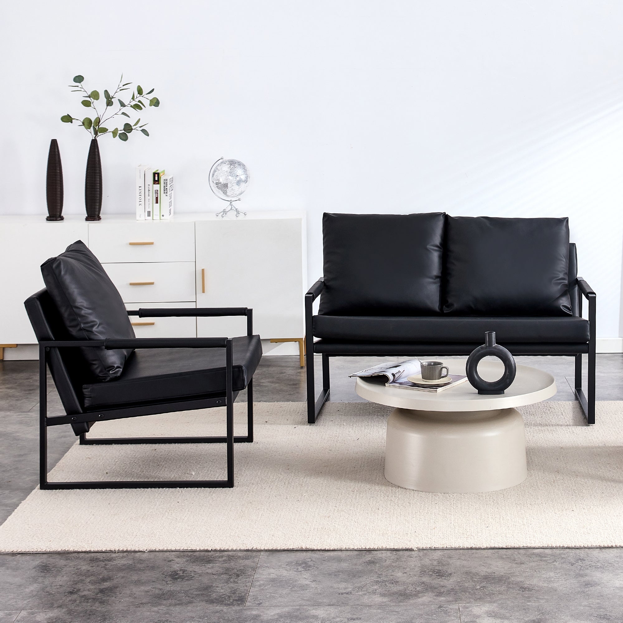 Modern Upholstered PU Leather Sofa Set with Black Metal Frame- 2 Seater+ Double Sofa, Black_5