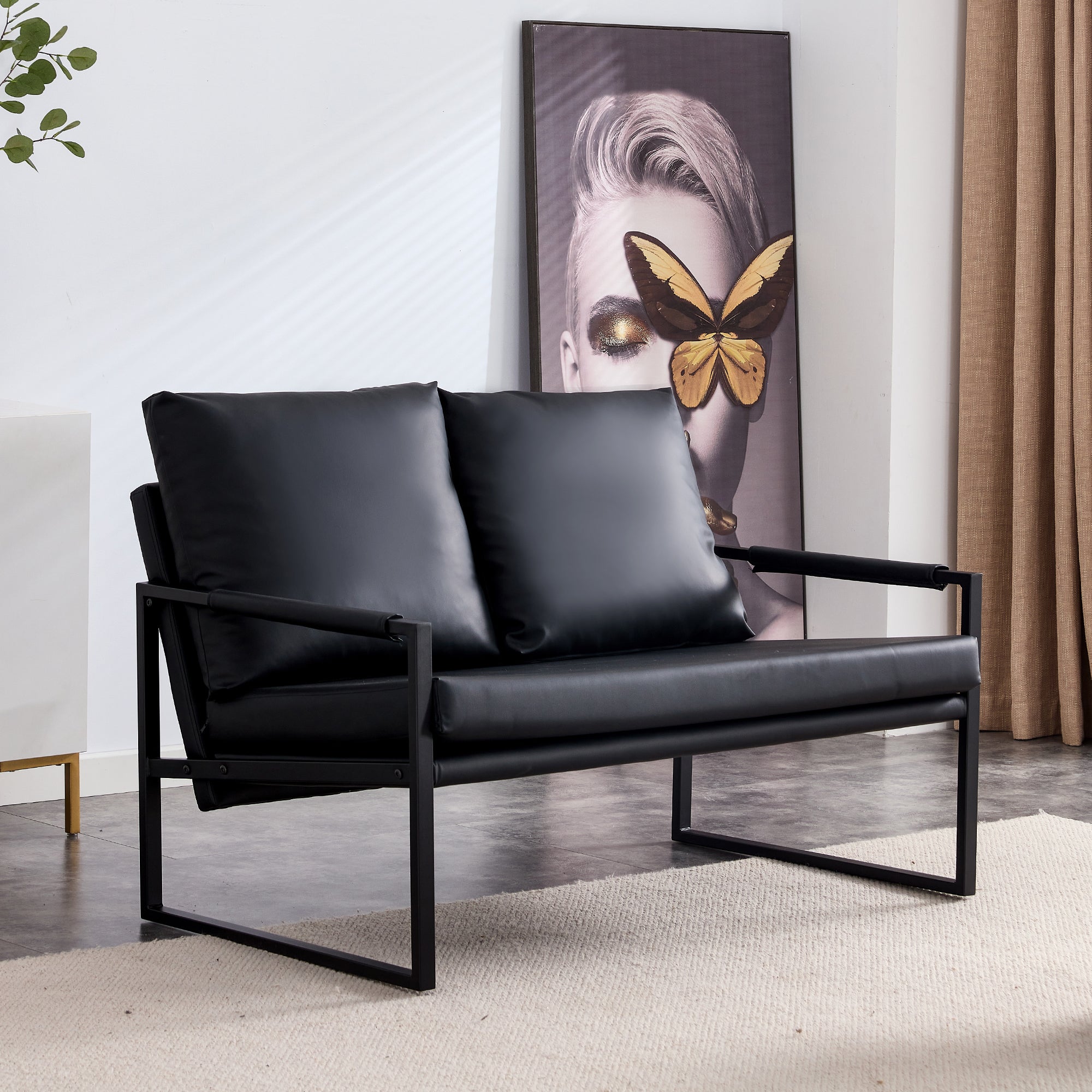 Modern Upholstered PU Leather Sofa Set with Black Metal Frame- 2 Seater+ Double Sofa, Black_3