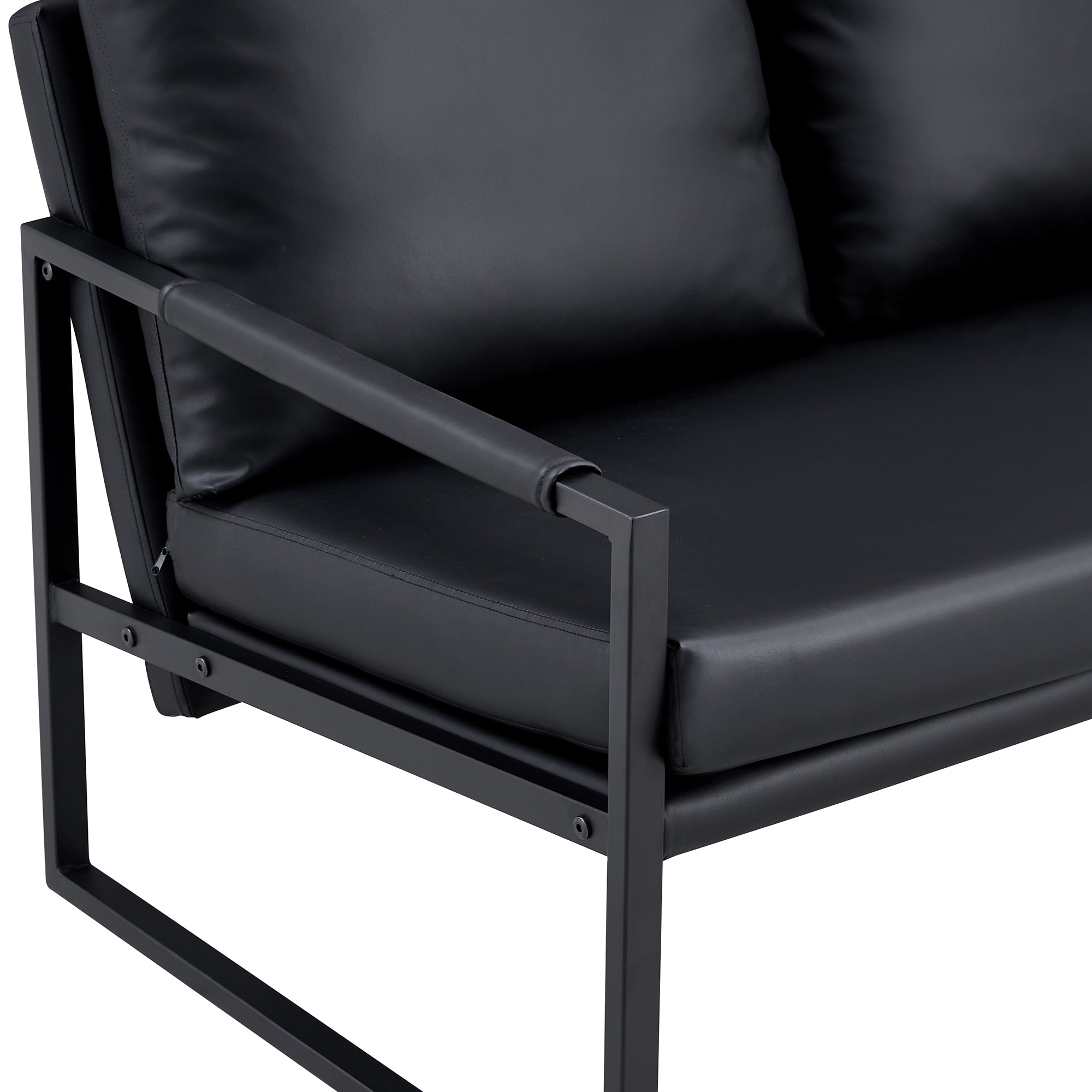Modern Upholstered PU Leather Sofa Set with Black Metal Frame- 2 Seater+ Double Sofa, Black_12