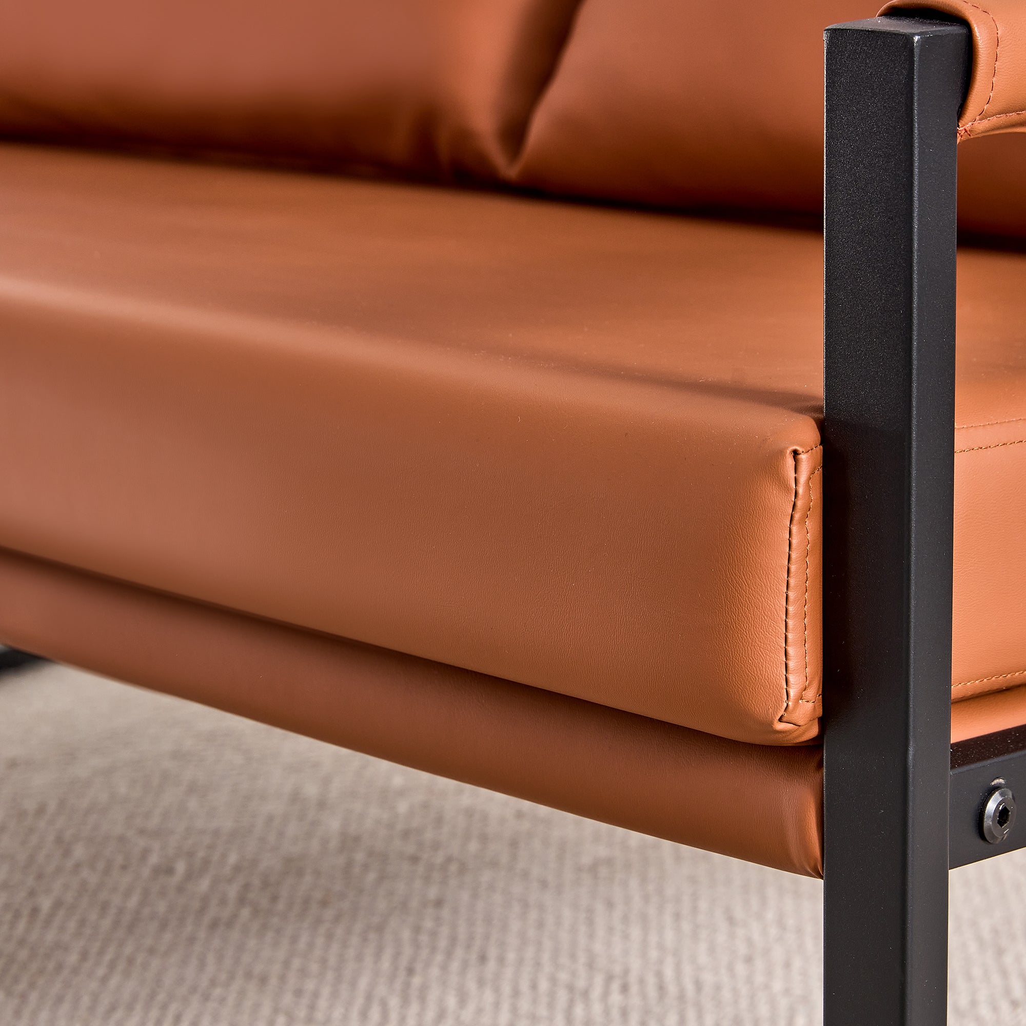 Modern Upholstered PU Leather Sofa Set with Black Metal Frame- 2 Seater+ Double Sofa, Brown_7