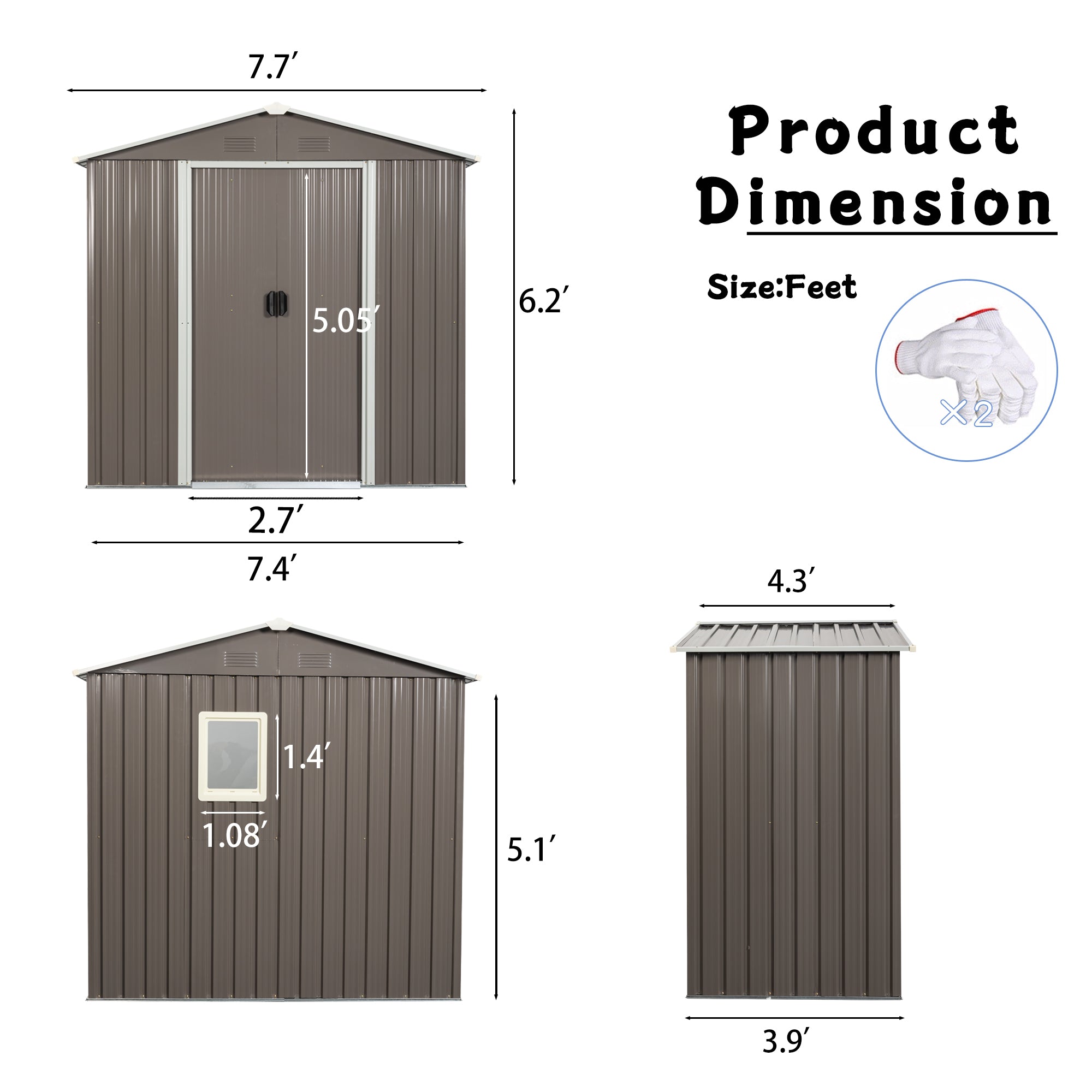 8ft x 4ft  Outdoor Metal Storage Shed with Aluminum Frame and Window- Gray_5