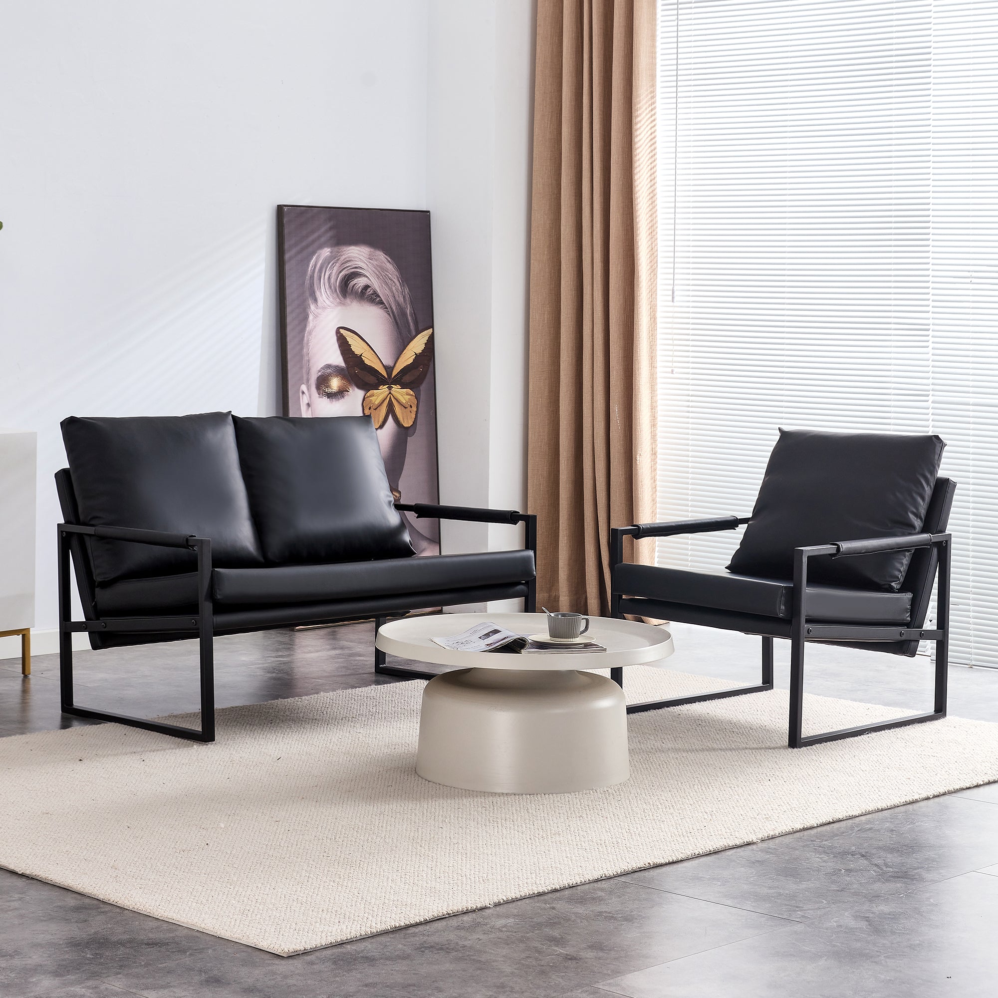 Modern Upholstered PU Leather Sofa Set with Black Metal Frame- 2 Seater+ Double Sofa, Black_6