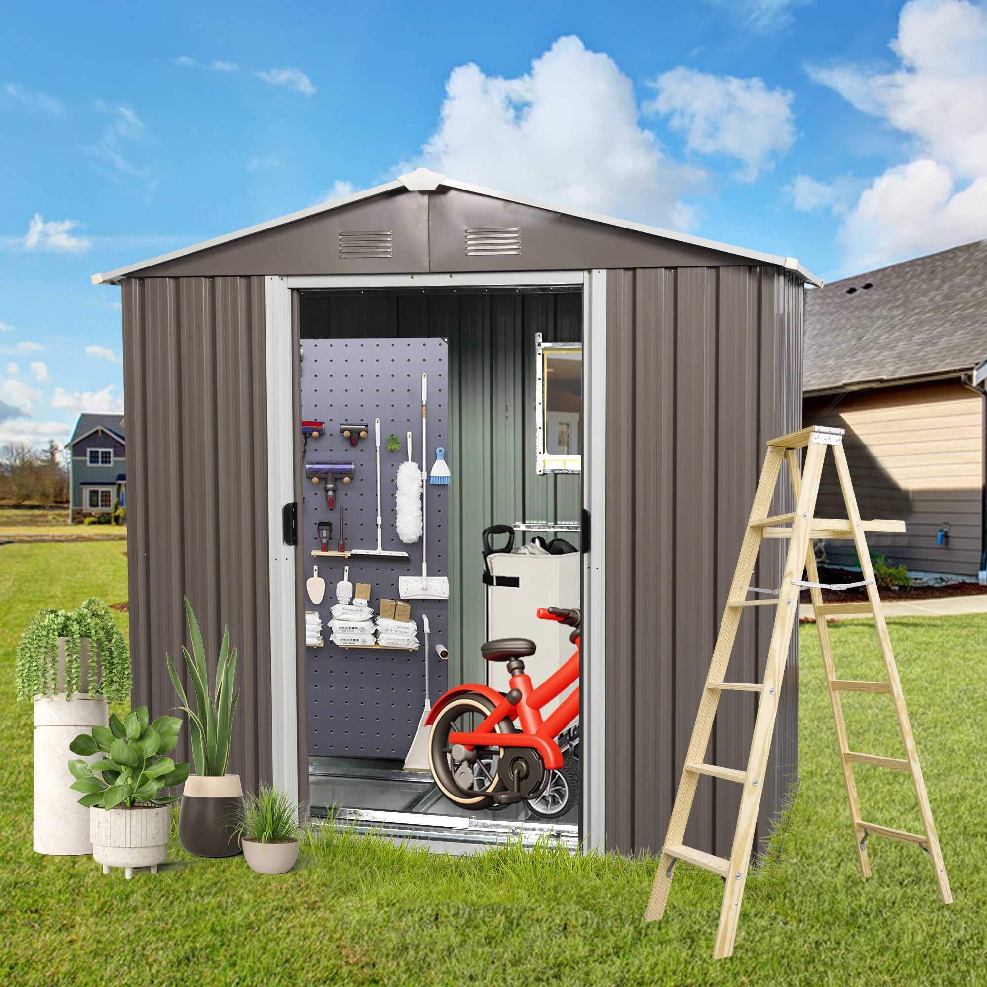 8ft x 4ft  Outdoor Metal Storage Shed with Aluminum Frame and Window- Gray_0
