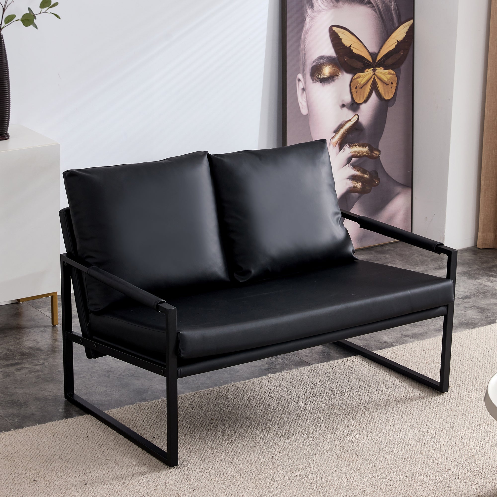 Modern Upholstered PU Leather Sofa Set with Black Metal Frame- 2 Seater+ Double Sofa, Black_2