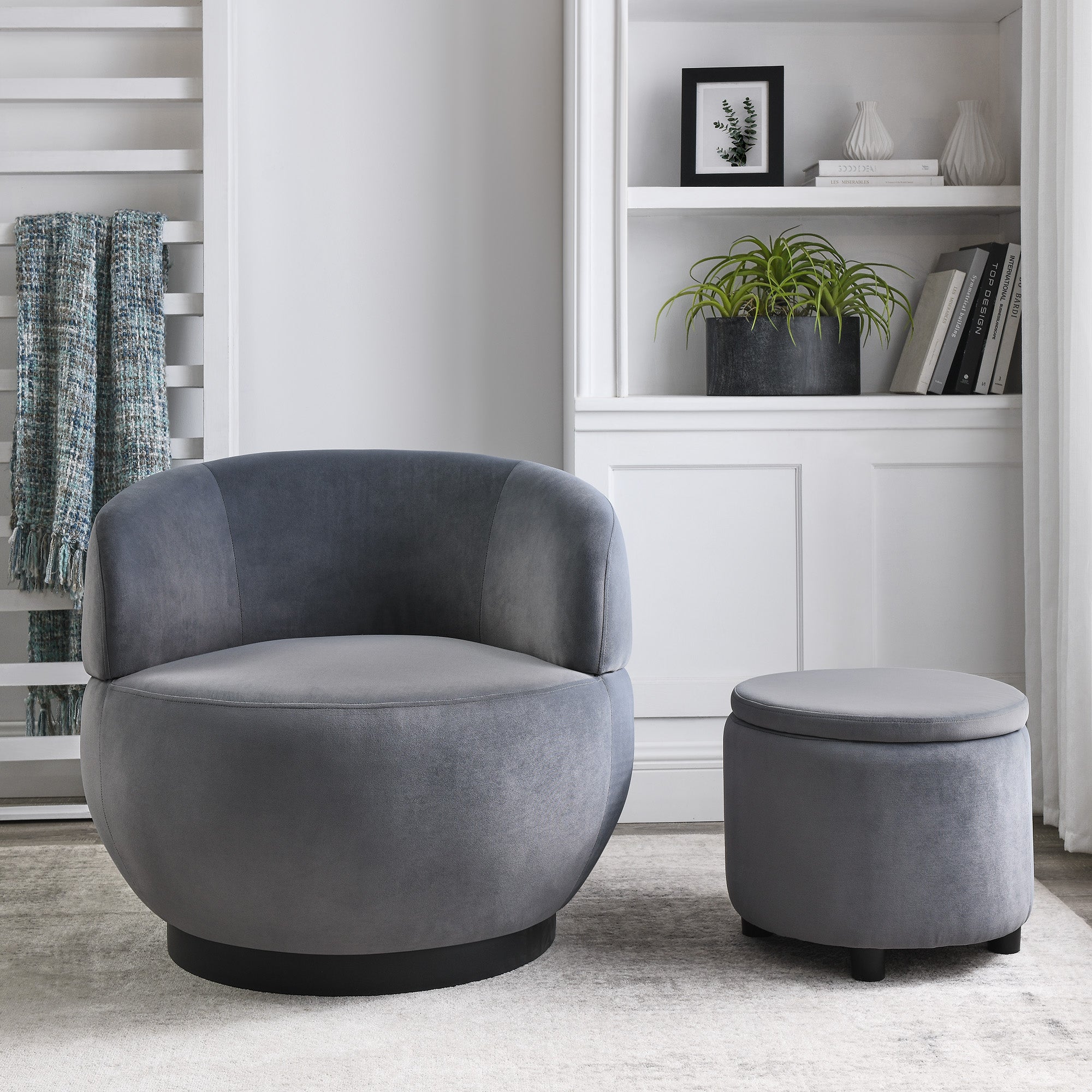 Swviel Barrel Chair with Black Stainless Steel Base and Storage Ottoman- Grey_2