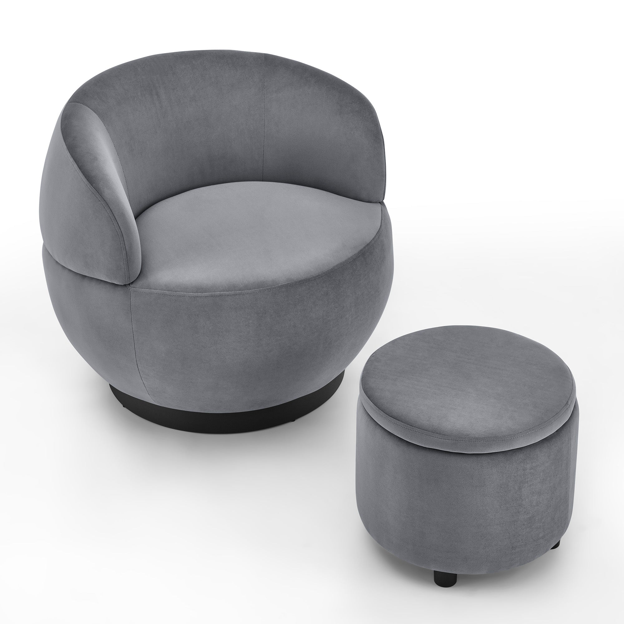 Swviel Barrel Chair with Black Stainless Steel Base and Storage Ottoman- Grey_4