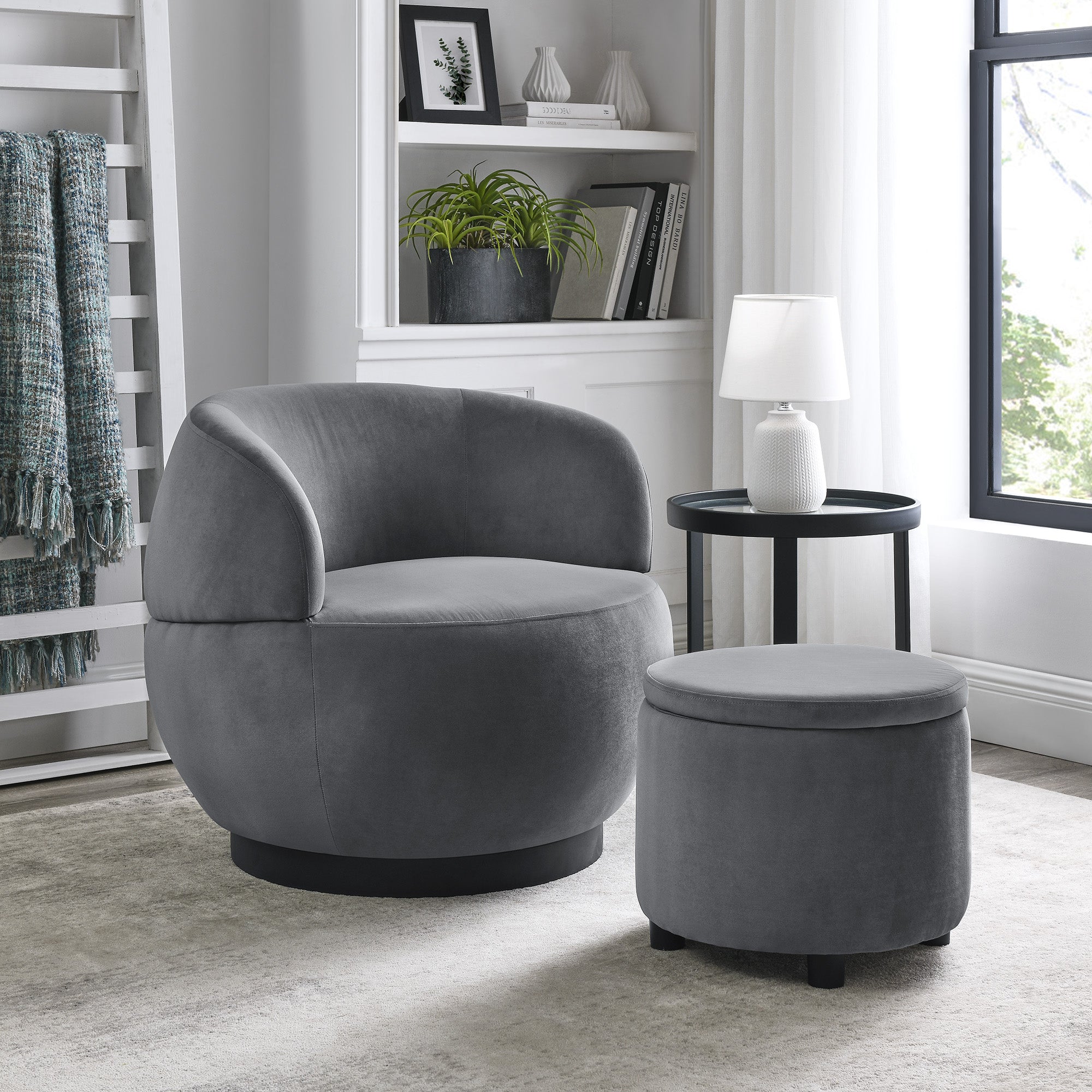 Swviel Barrel Chair with Black Stainless Steel Base and Storage Ottoman- Grey_0