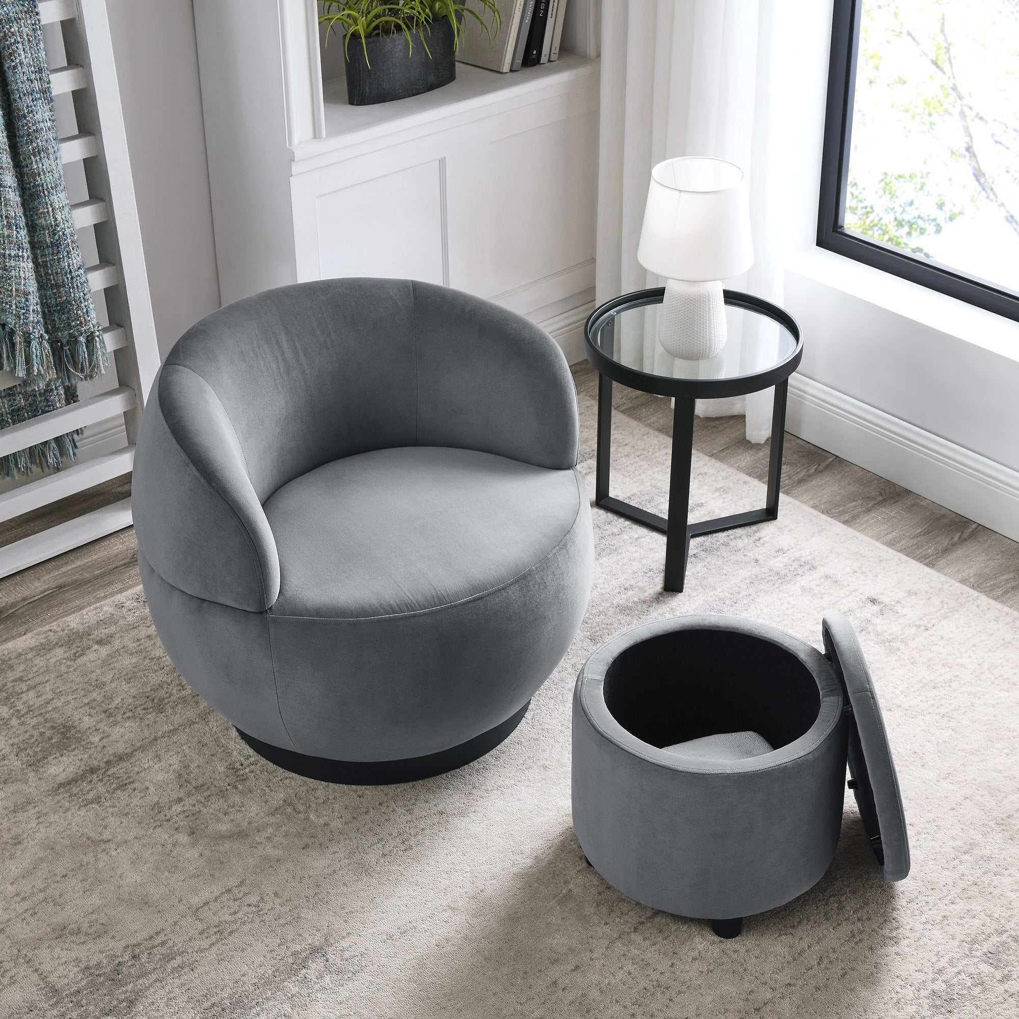 Swviel Barrel Chair with Black Stainless Steel Base and Storage Ottoman- Grey_3