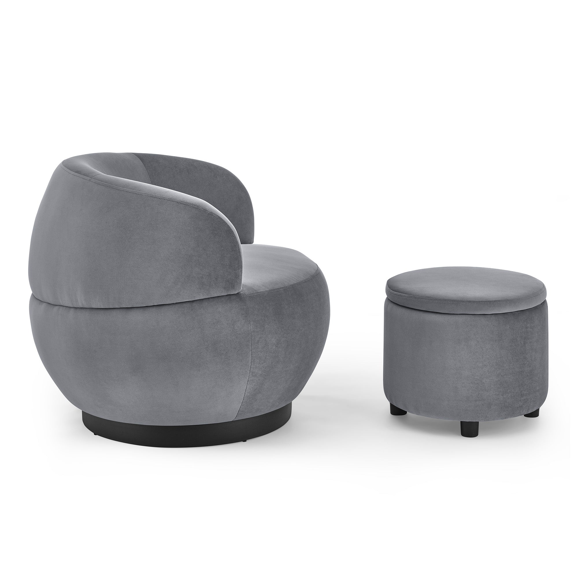 Swviel Barrel Chair with Black Stainless Steel Base and Storage Ottoman- Grey_5