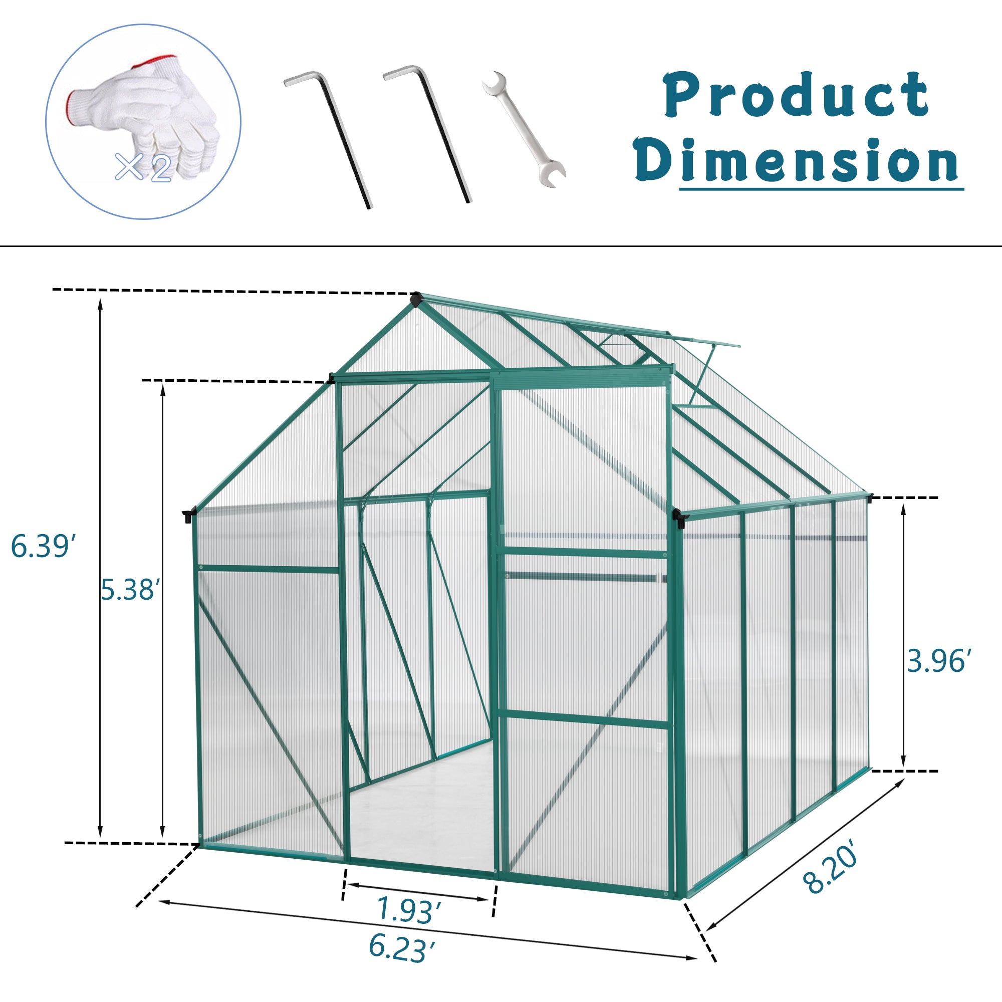 6 x 8 FT  Polycarbonate Walk-in Greenhouse Garden for Backyard Planting- Green_30