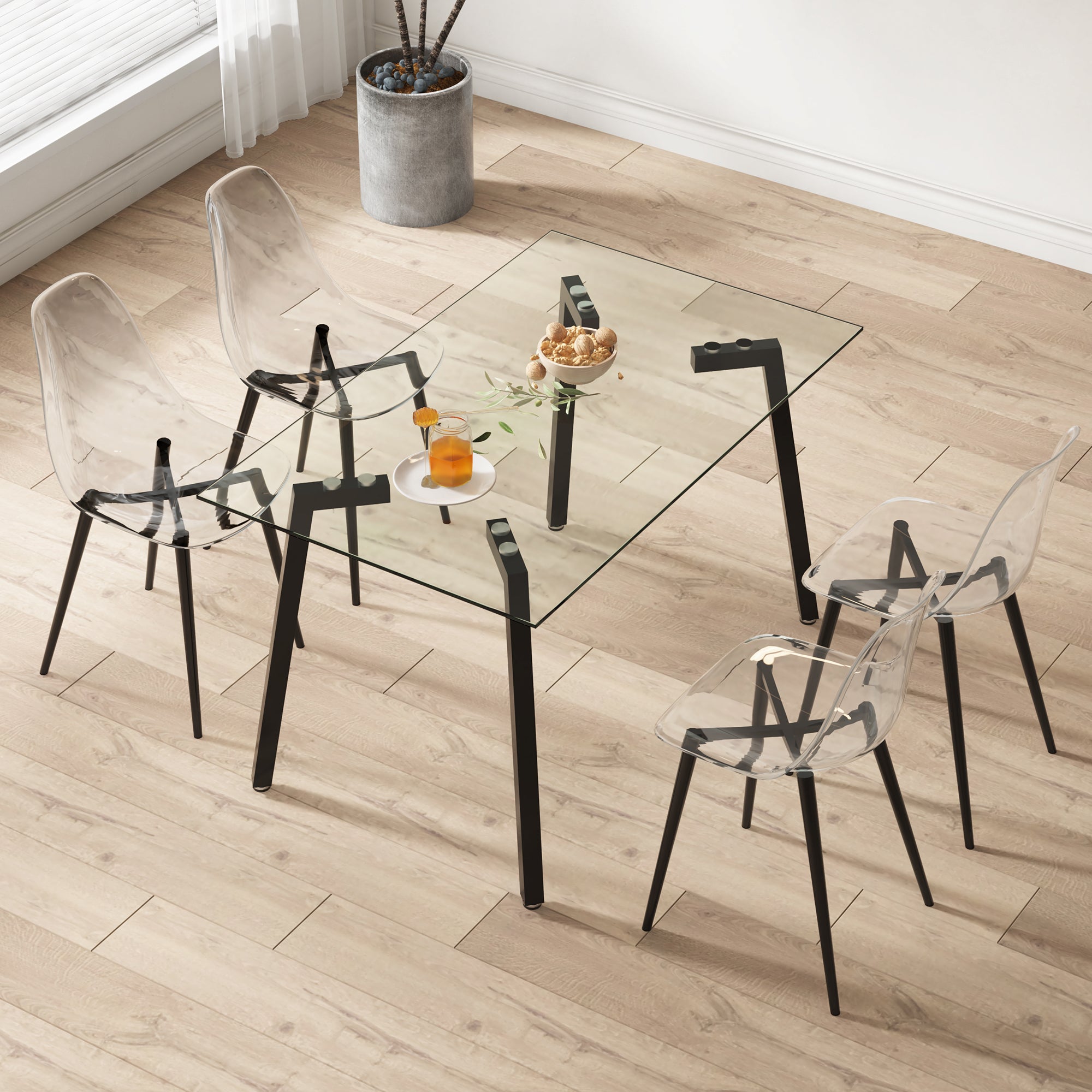 5 Pcs/Set Modern Transparent Ghost Glass Table and Acrylic Chair Set- Black_1
