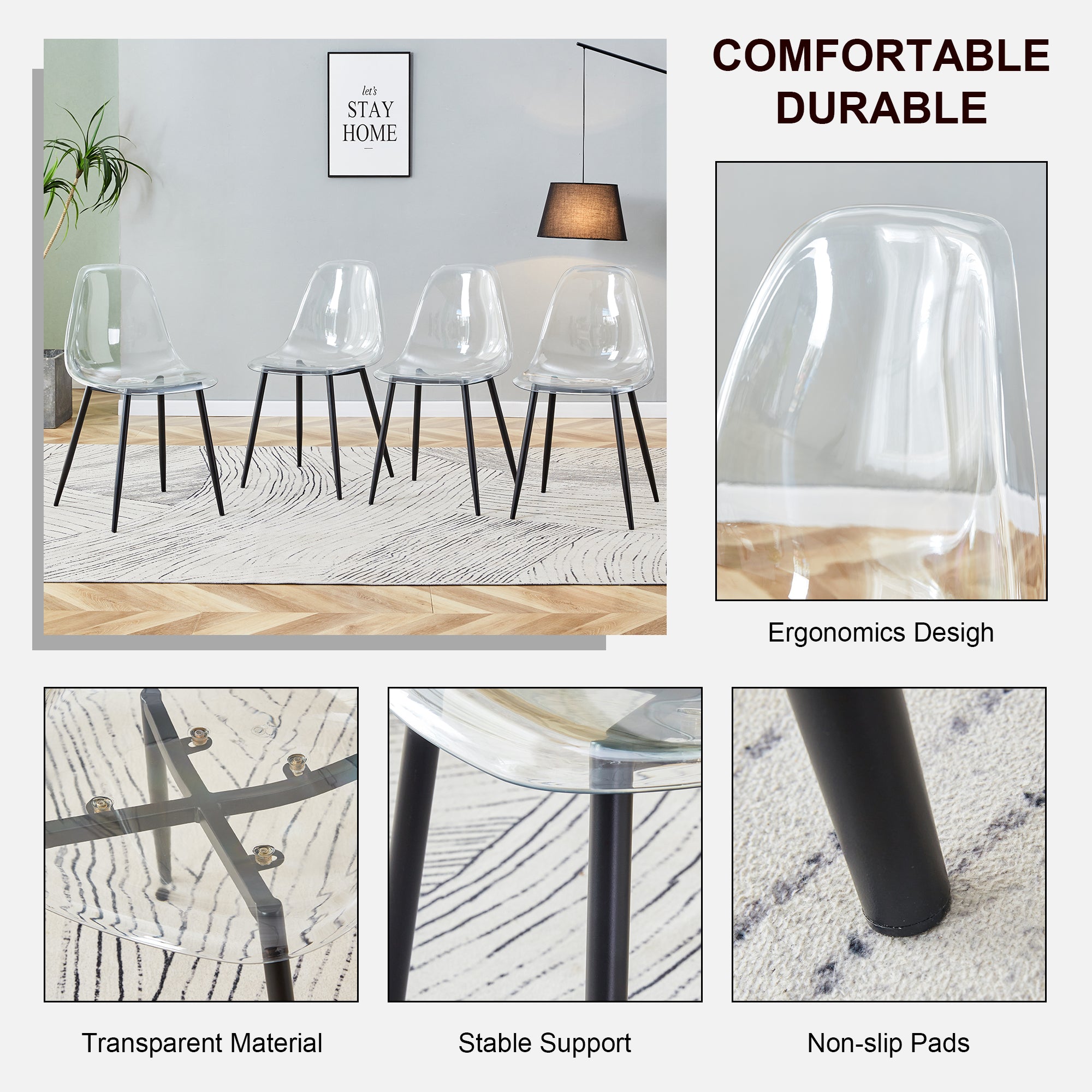 5 Pcs/Set Modern Transparent Ghost Glass Table and Acrylic Chair Set- Black_17