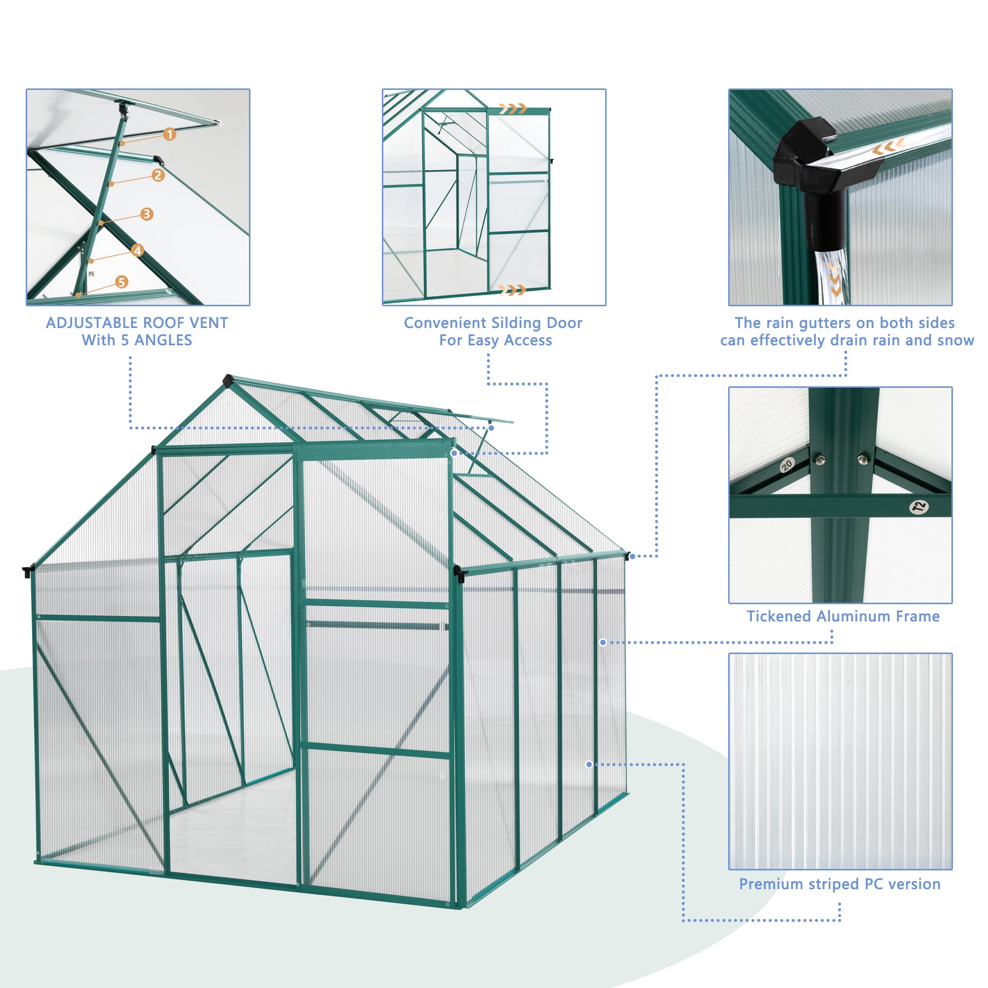 6 x 8 FT  Polycarbonate Walk-in Greenhouse Garden for Backyard Planting- Green_29