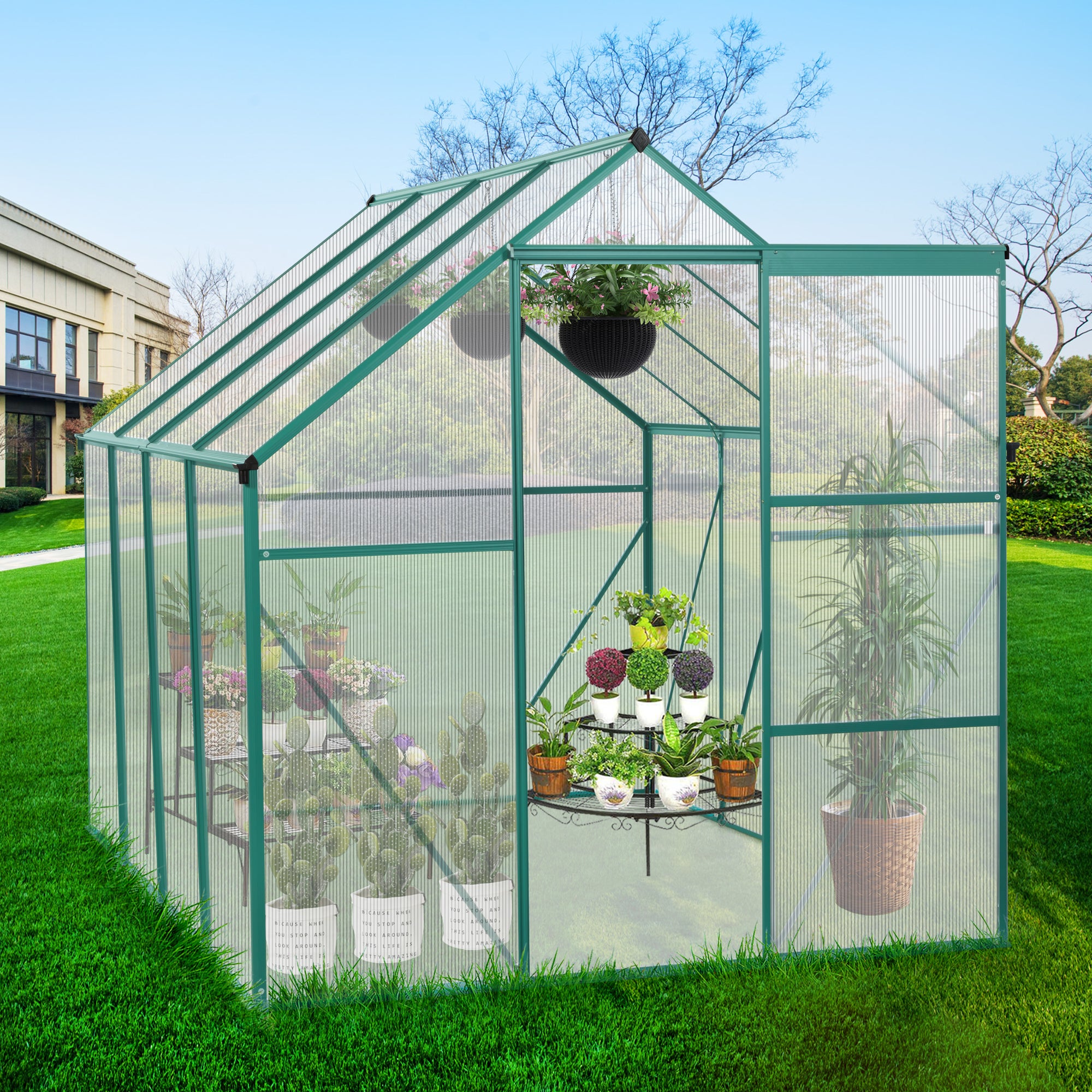 6 x 8 FT  Polycarbonate Walk-in Greenhouse Garden for Backyard Planting- Green_23