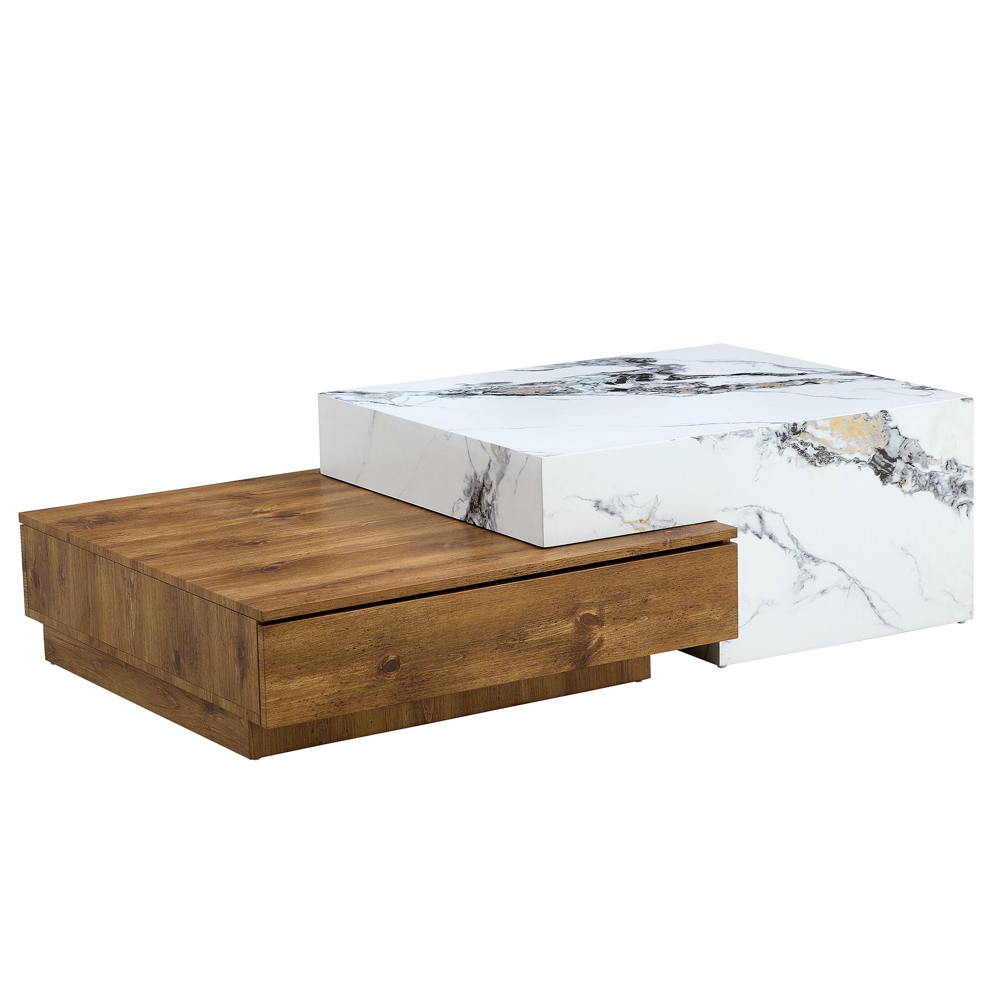 Wood Grain and Marble Rectangular Coffee Table with Fusion Cube Stylish Accent_12