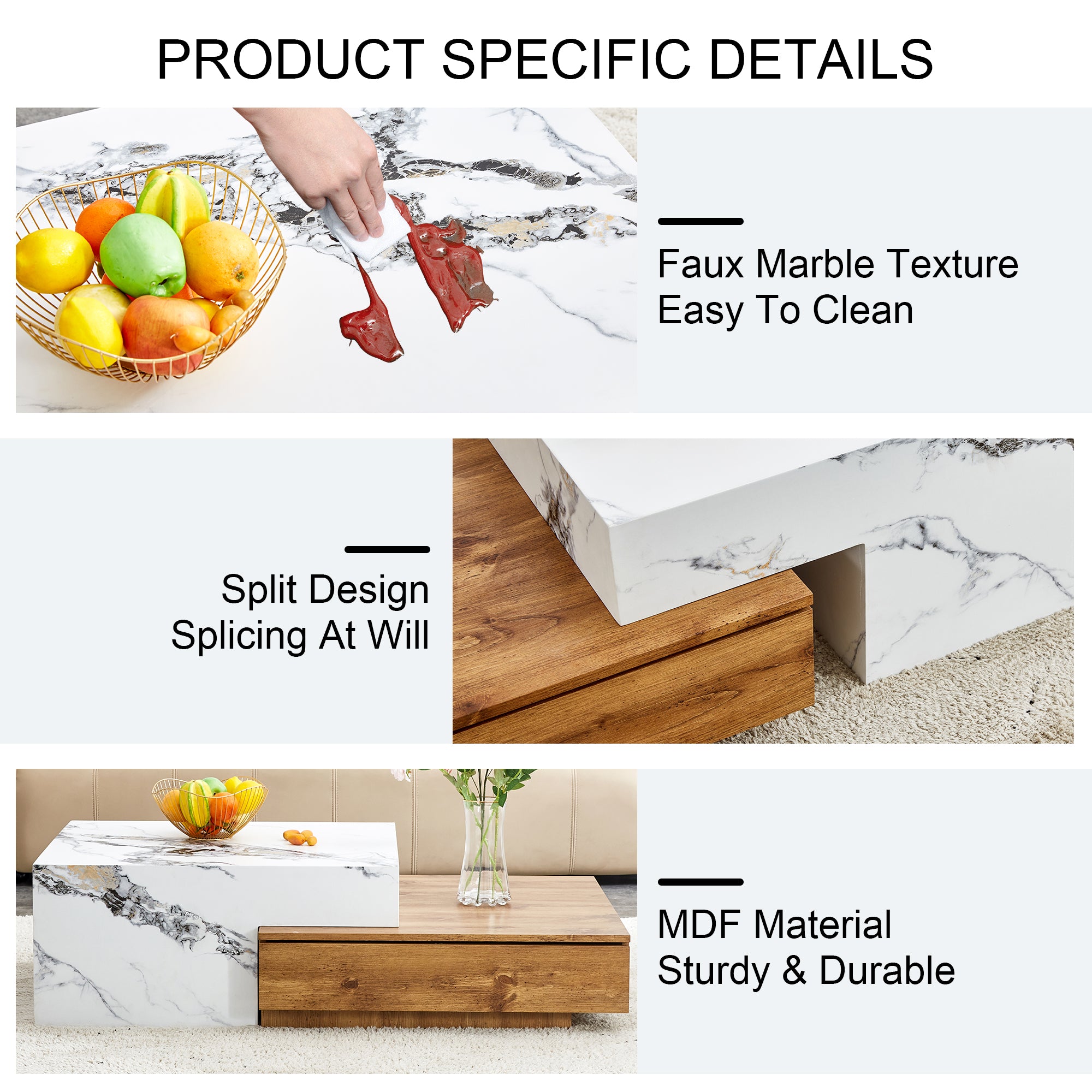 Wood Grain and Marble Rectangular Coffee Table with Fusion Cube Stylish Accent_21