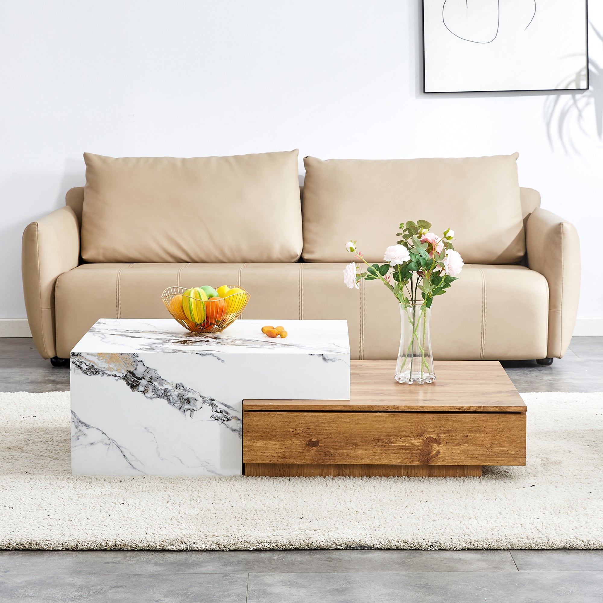 Wood Grain and Marble Rectangular Coffee Table with Fusion Cube Stylish Accent_4
