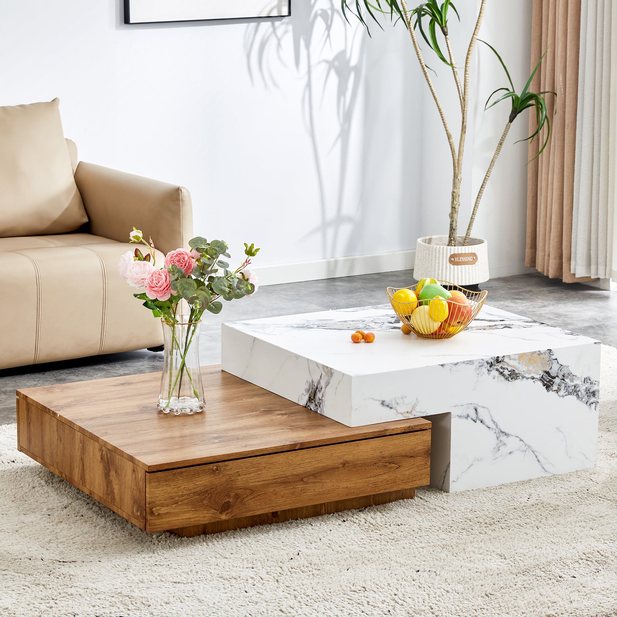 Wood Grain and Marble Rectangular Coffee Table with Fusion Cube Stylish Accent_6