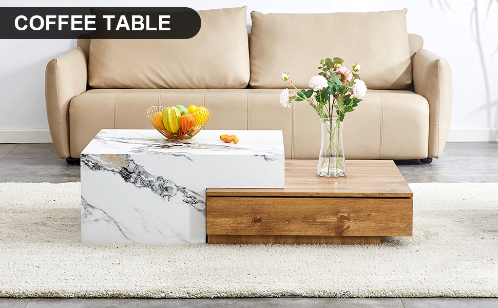 Wood Grain and Marble Rectangular Coffee Table with Fusion Cube Stylish Accent_18