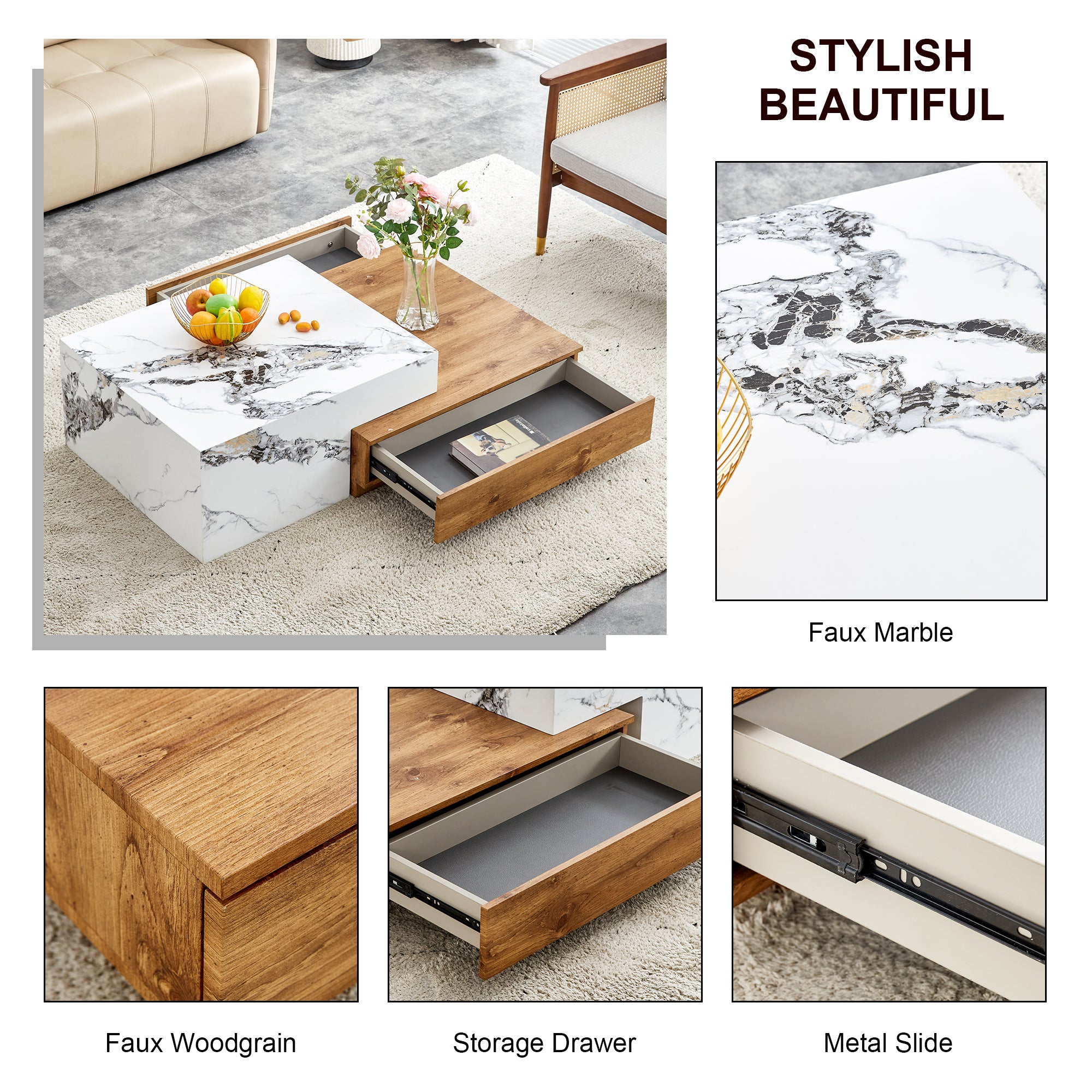 Wood Grain and Marble Rectangular Coffee Table with Fusion Cube Stylish Accent_20