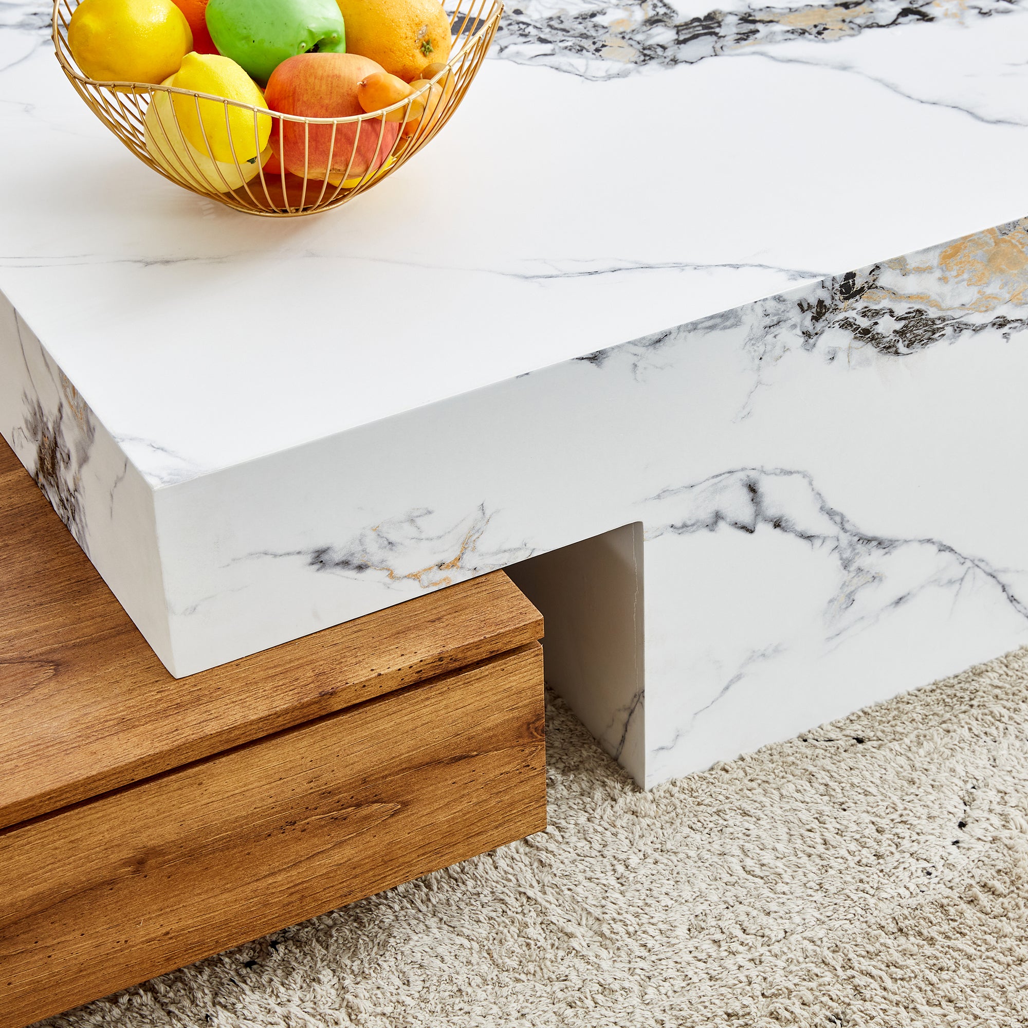 Wood Grain and Marble Rectangular Coffee Table with Fusion Cube Stylish Accent_15